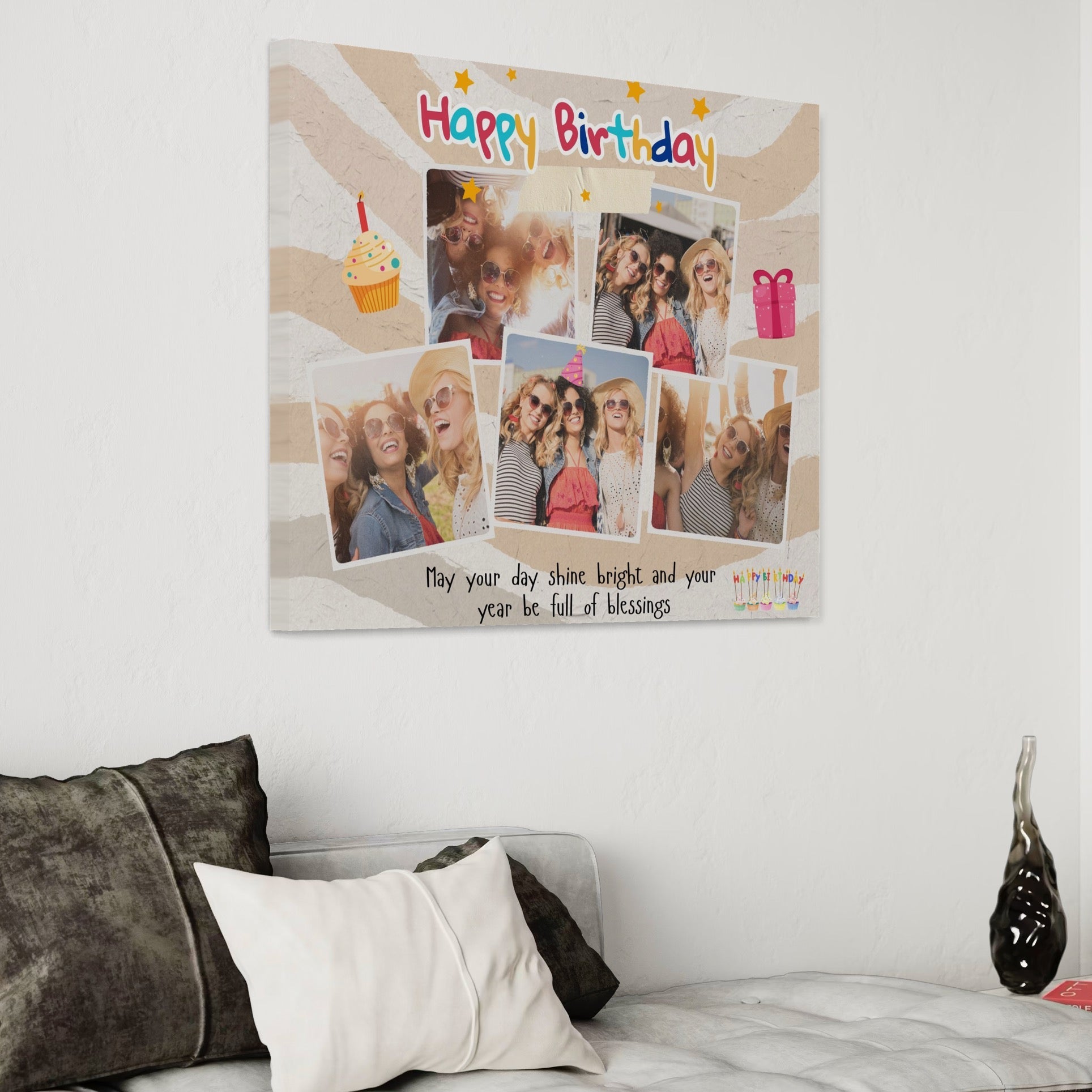 Tablou canvas decorativ cu tablou personalizat happy birthday cu colaj foto