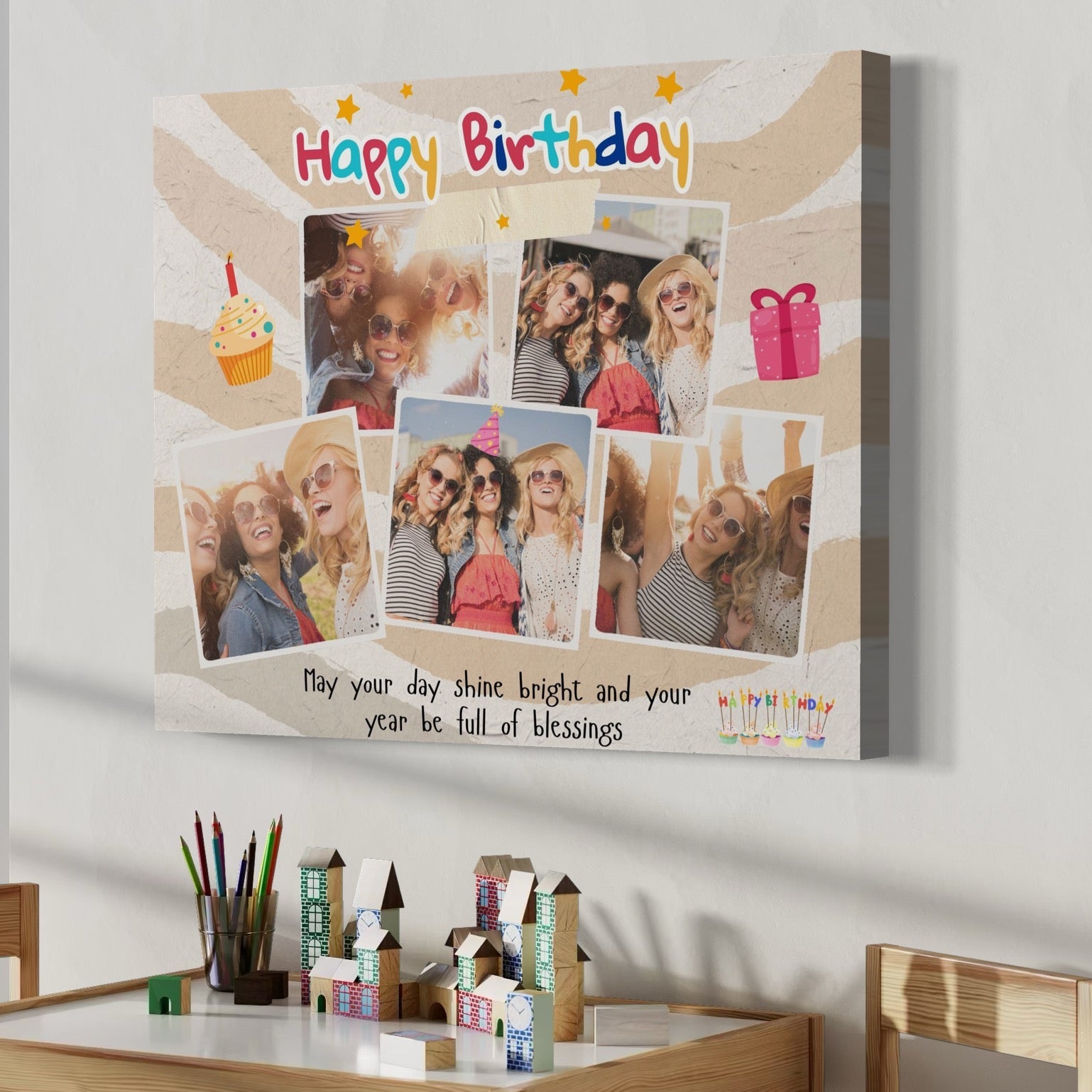 Tablou canvas cu tablou personalizat happy birthday cu colaj foto