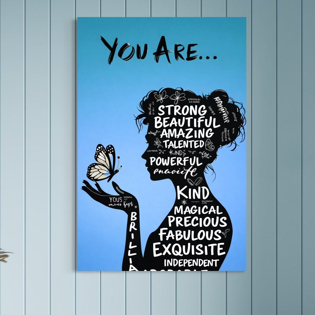 Tablou Canvas Premium, LuxCanva® Q1037, Identitate Inflorita,  Femeie, Fluture, Cuvinte, Mesaj, Motivational, Incredere, Armonie, Optimism, Birou, Dormitor