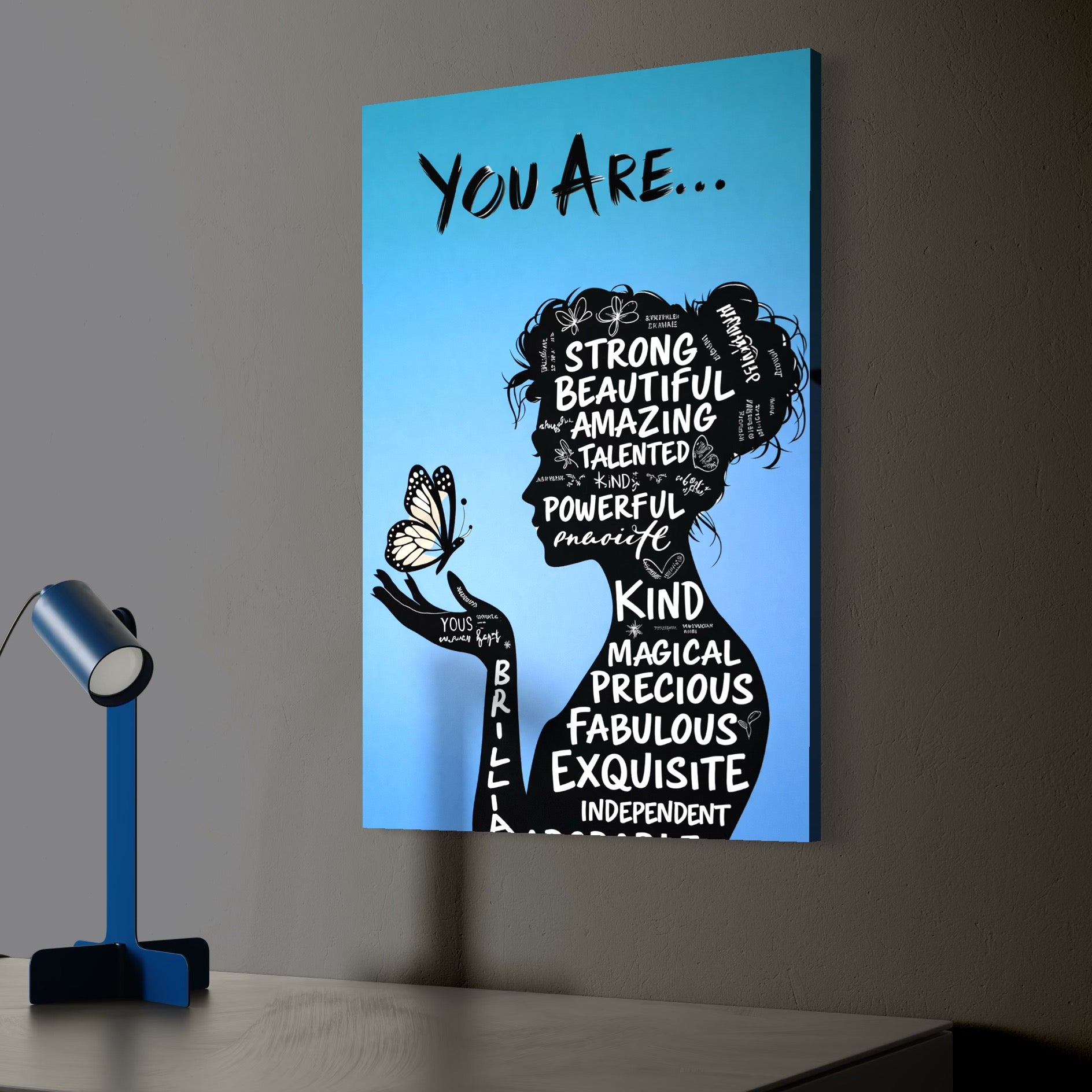 Tablou Canvas Premium, LuxCanva® Q1037, Identitate Inflorita,  Femeie, Fluture, Cuvinte, Mesaj, Motivational, Incredere, Armonie, Optimism, Birou, Dormitor