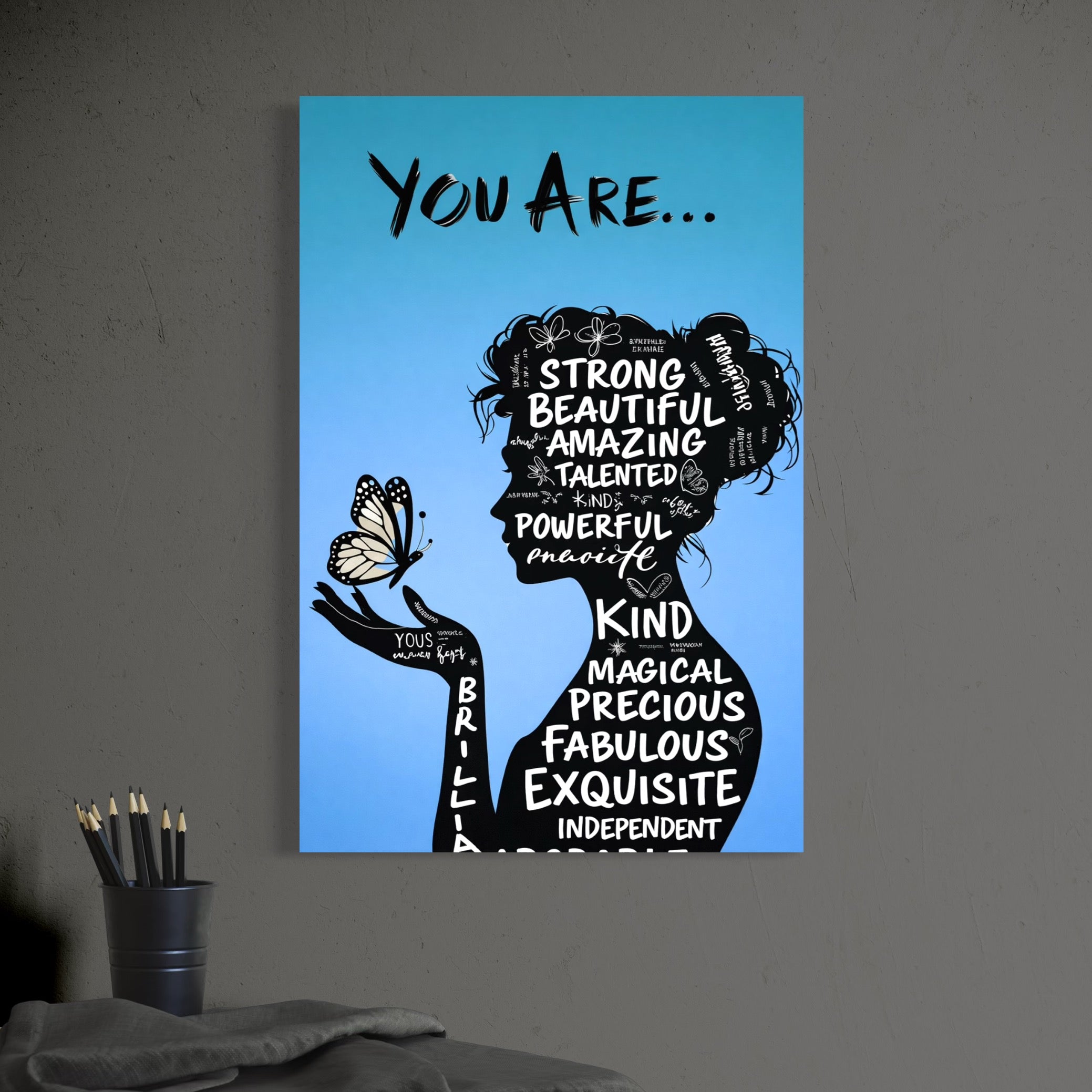 Tablou Canvas Premium, LuxCanva® Q1037, Identitate Inflorita,  Femeie, Fluture, Cuvinte, Mesaj, Motivational, Incredere, Armonie, Optimism, Birou, Dormitor