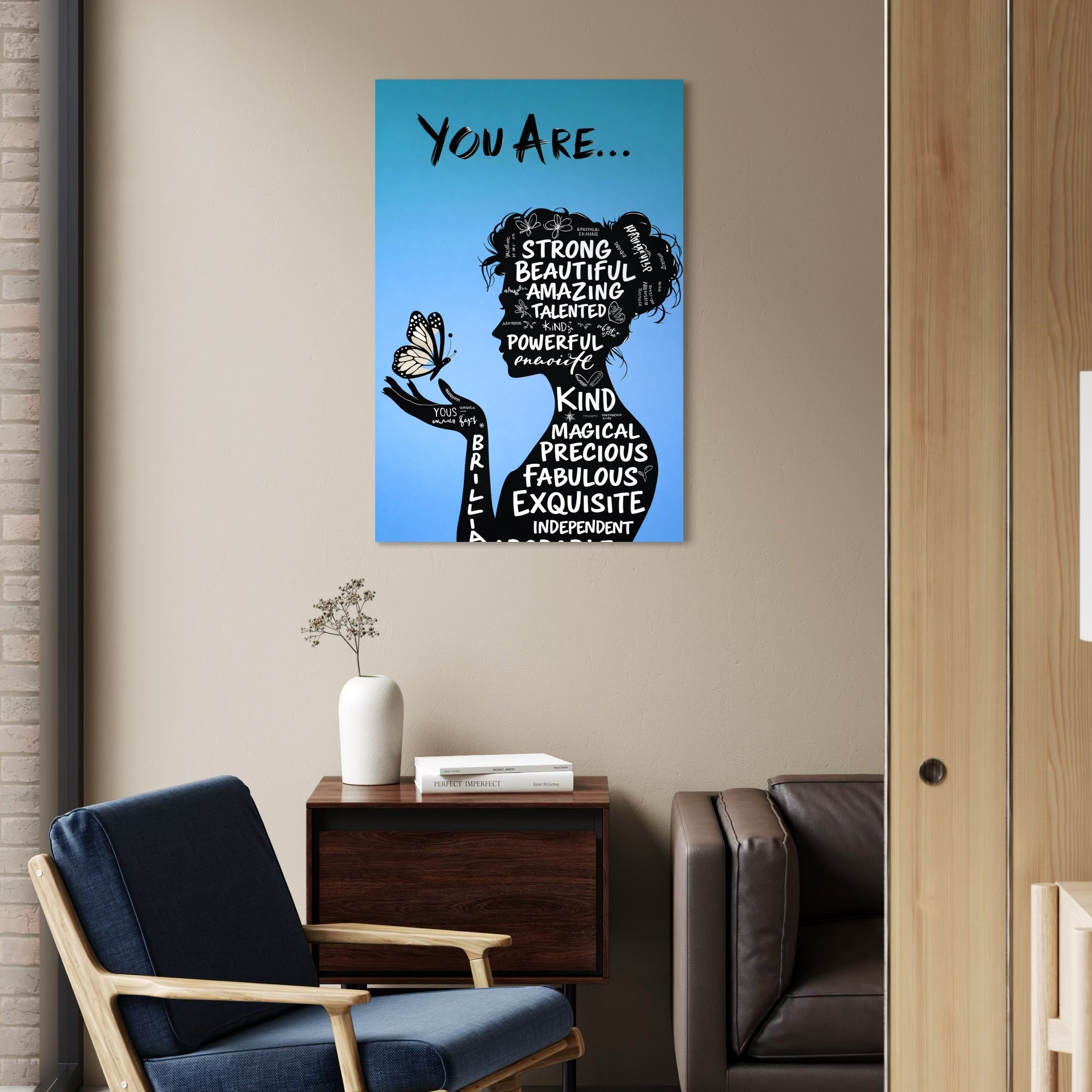 Tablou Canvas Premium, LuxCanva® Q1037, Identitate Inflorita,  Femeie, Fluture, Cuvinte, Mesaj, Motivational, Incredere, Armonie, Optimism, Birou, Dormitor