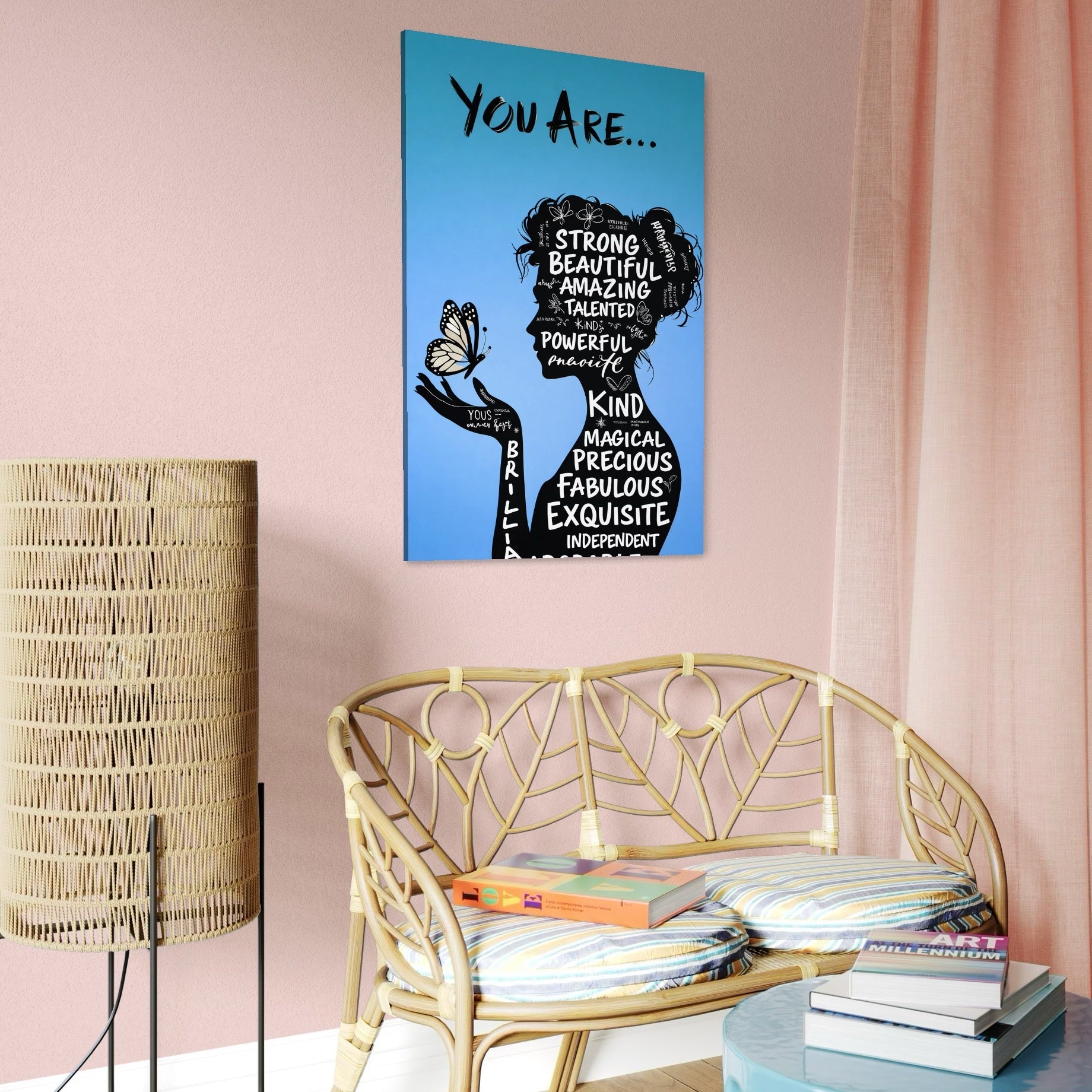 Tablou Canvas Premium, LuxCanva® Q1037, Identitate Inflorita,  Femeie, Fluture, Cuvinte, Mesaj, Motivational, Incredere, Armonie, Optimism, Birou, Dormitor