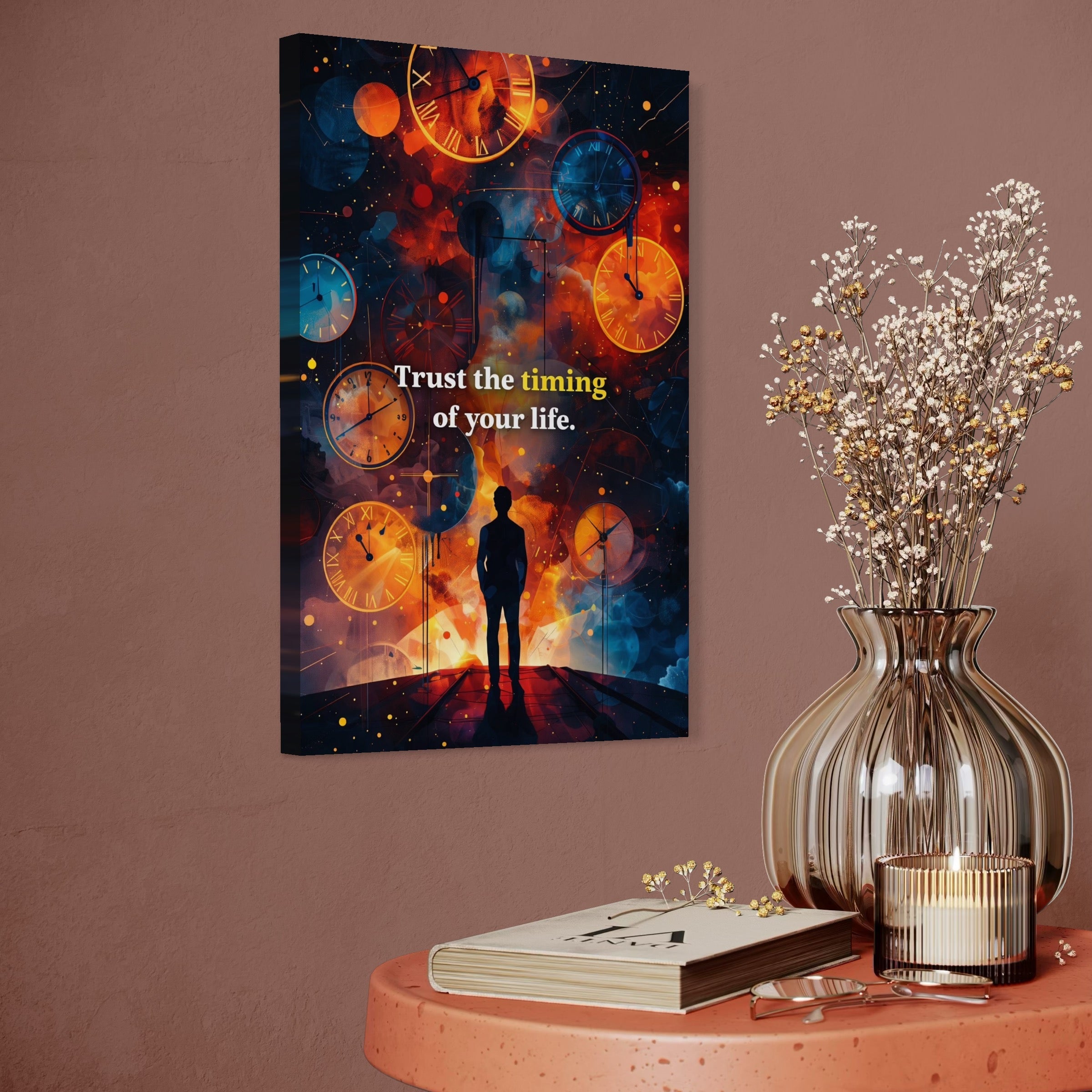 Tablou Canvas Premium, LuxCanva® Q1038, La Timpul Potrivit, Ceas, Timp, Meditatie, Drum, Ganduri, Viata, Claritate, Destin, Birou, Dormitor