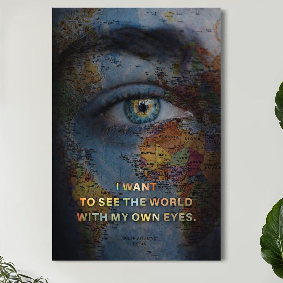 Tablou Canvas Premium, LuxCanva® Q1040, Lumea prin Ochii Ei, Ochi, Harta Lumii, Viziune, Geografie, Calatorie, Libertate, Cunoastere, Birou, Dormitor
