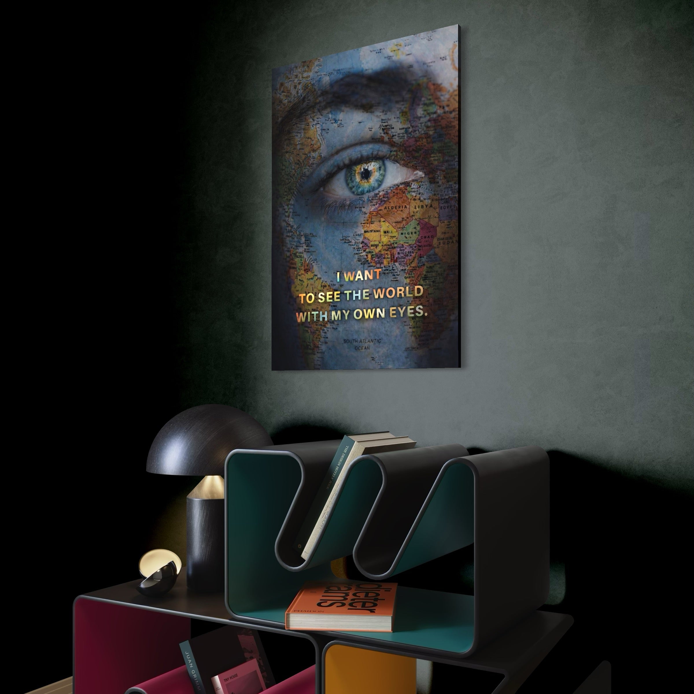 Tablou Canvas Premium, LuxCanva® Q1040, Lumea prin Ochii Ei, Ochi, Harta Lumii, Viziune, Geografie, Calatorie, Libertate, Cunoastere, Birou, Dormitor