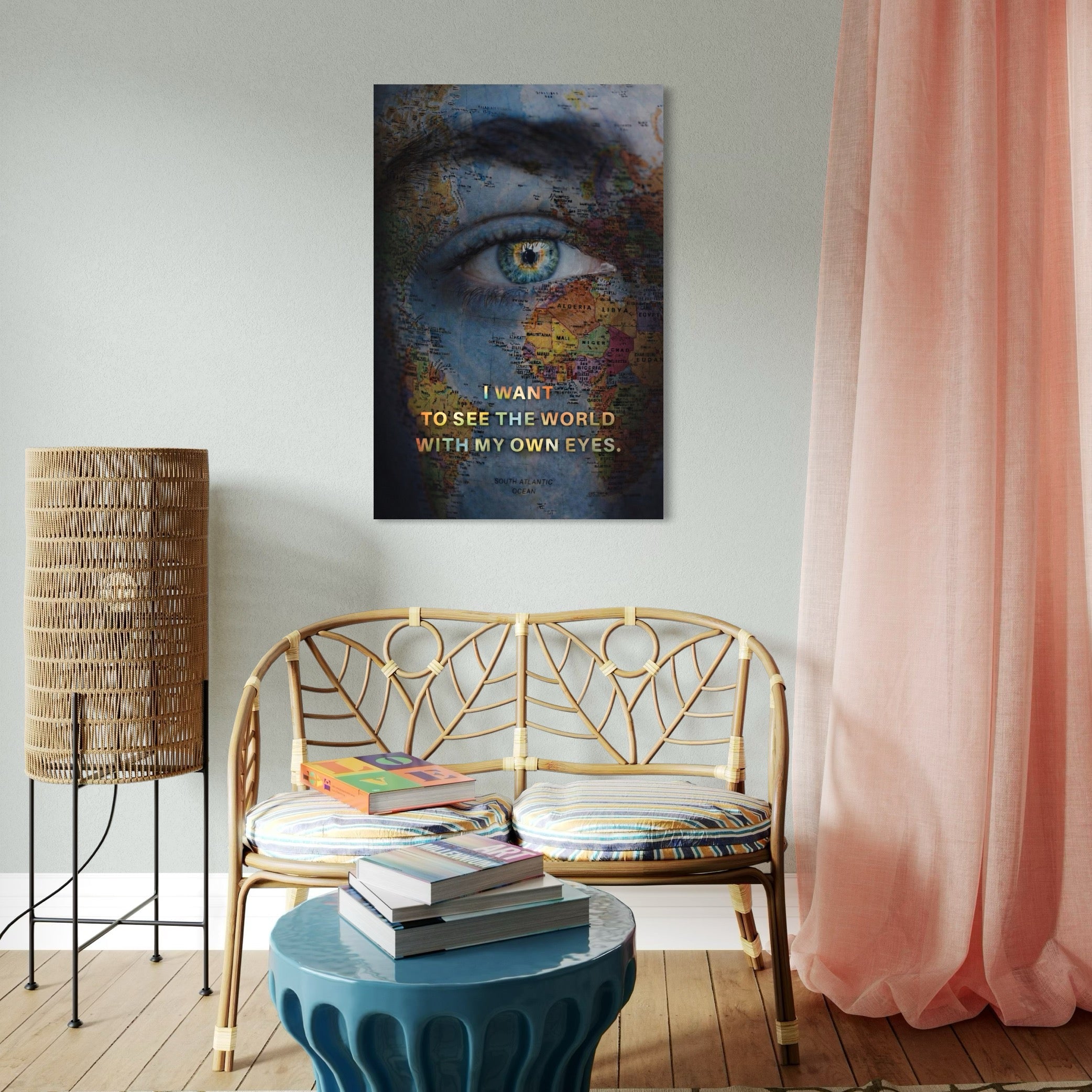 Tablou Canvas Premium, LuxCanva® Q1040, Lumea prin Ochii Ei, Ochi, Harta Lumii, Viziune, Geografie, Calatorie, Libertate, Cunoastere, Birou, Dormitor