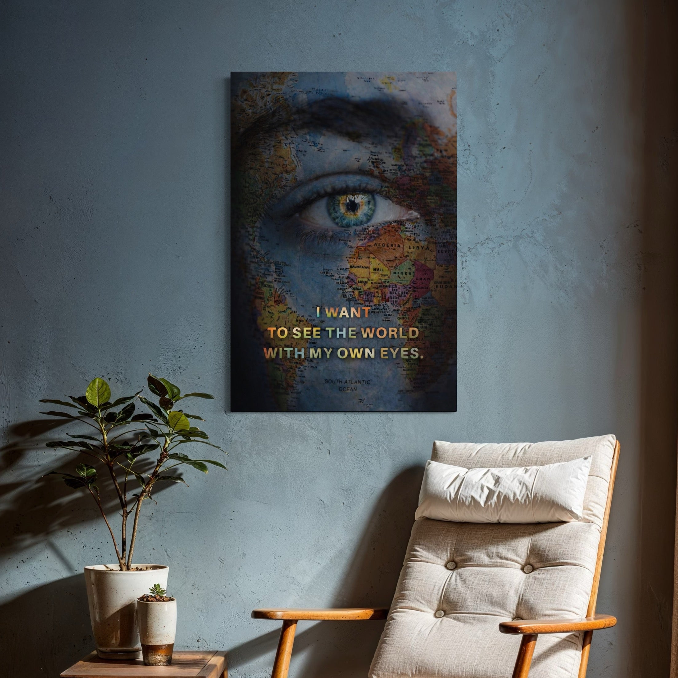 Tablou Canvas Premium, LuxCanva® Q1040, Lumea prin Ochii Ei, Ochi, Harta Lumii, Viziune, Geografie, Calatorie, Libertate, Cunoastere, Birou, Dormitor