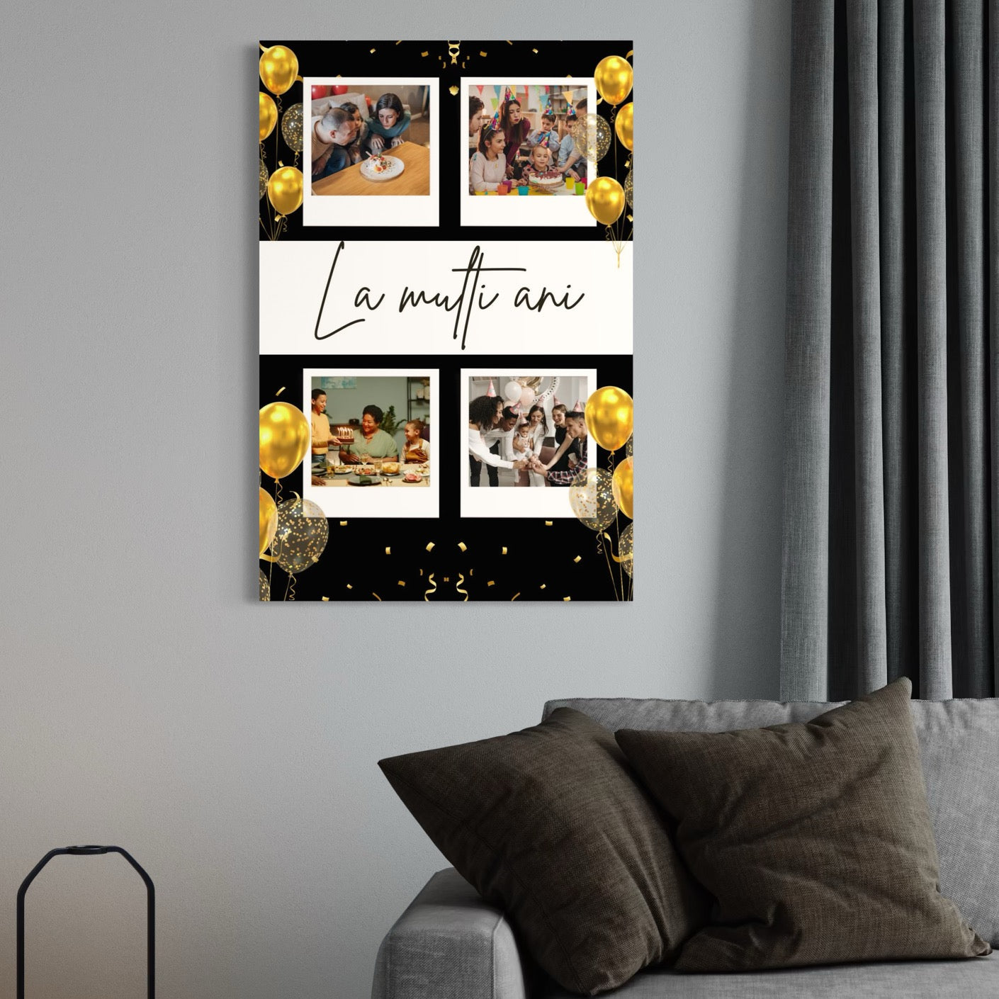 Tablou canvas decorativ cu tablou canvas aniversar cu patru fotografii si baloane