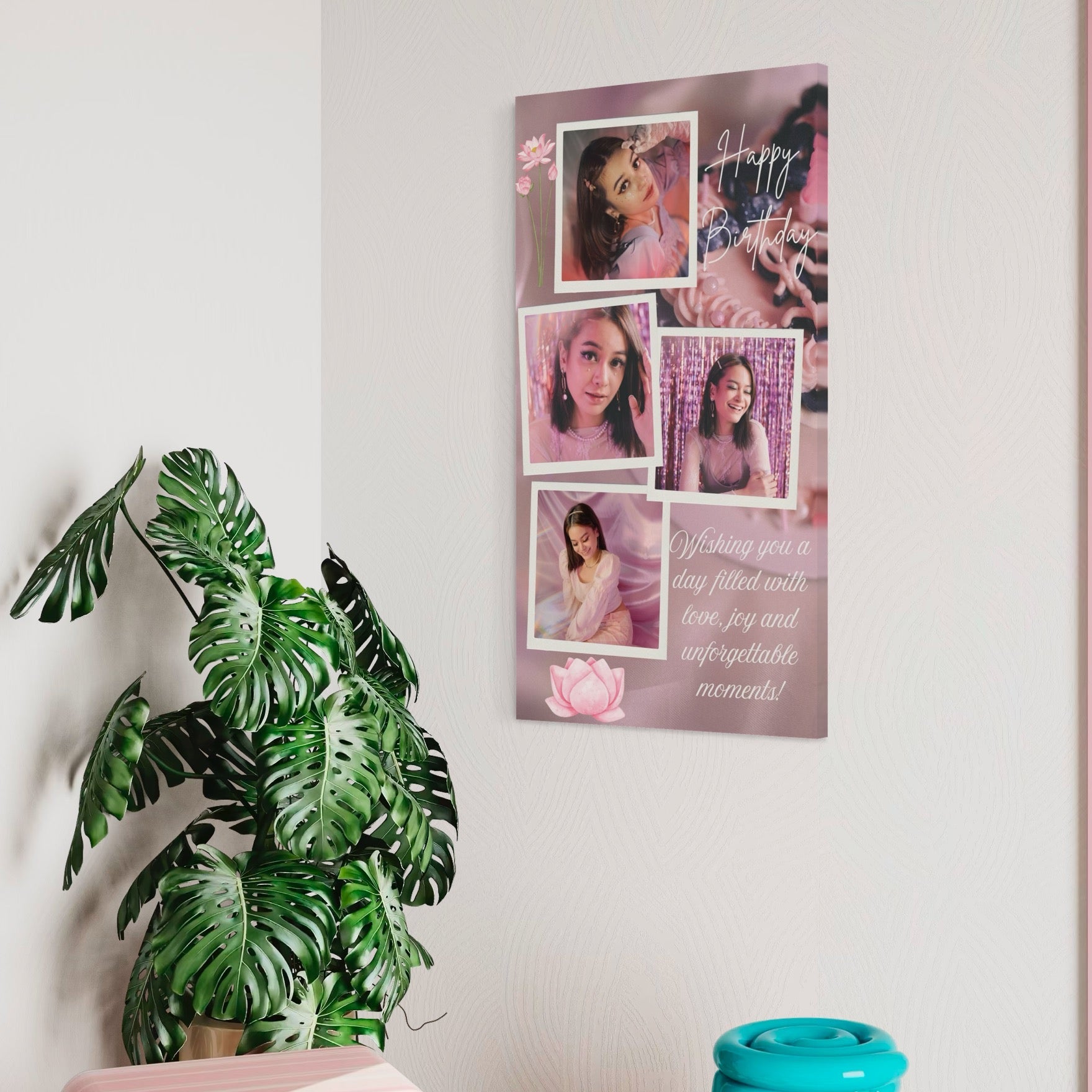 Tablou canvas aniversar cu patru fotografii si tort, tablou canvas pentru perete
