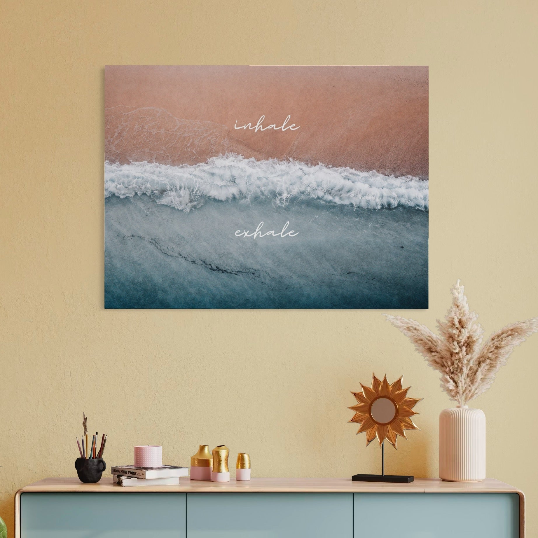 Tablou Canvas Premium, LuxCanva® Q1050, Orizont Interior, Plaja, Apa, Nisip, Relaxare, Armonie, Valuri, Pace, Meditatie, Birou, Dormitor