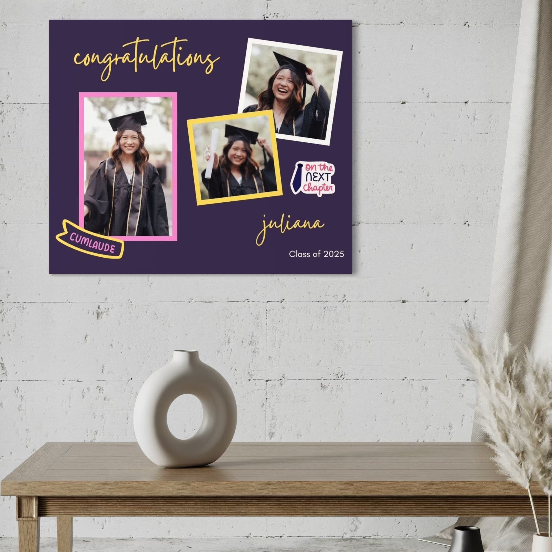 Tablou canvas decorativ cu tablou personalizat pentru absolvire cu trei fotografii
