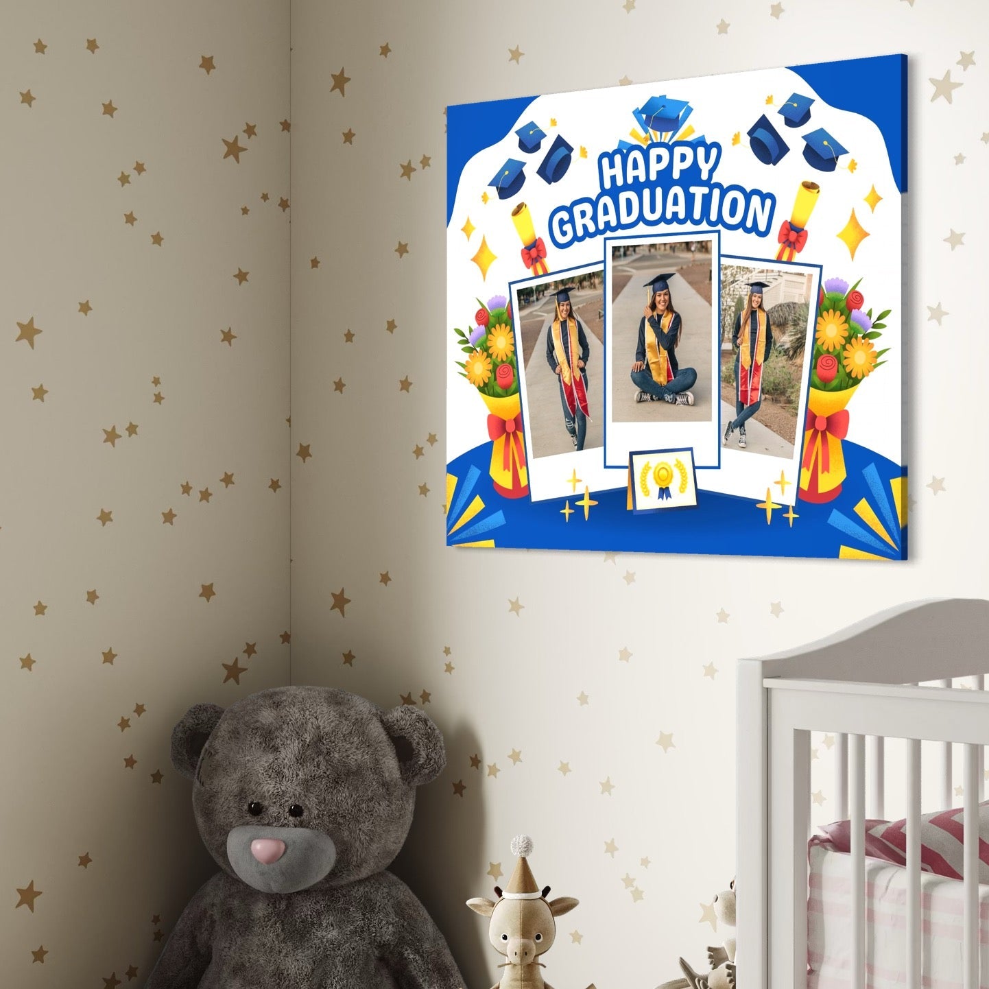 Tablou Canvas Personalizat cu 3 Poze Pentru Absolvire "Happy Graduation", PS195