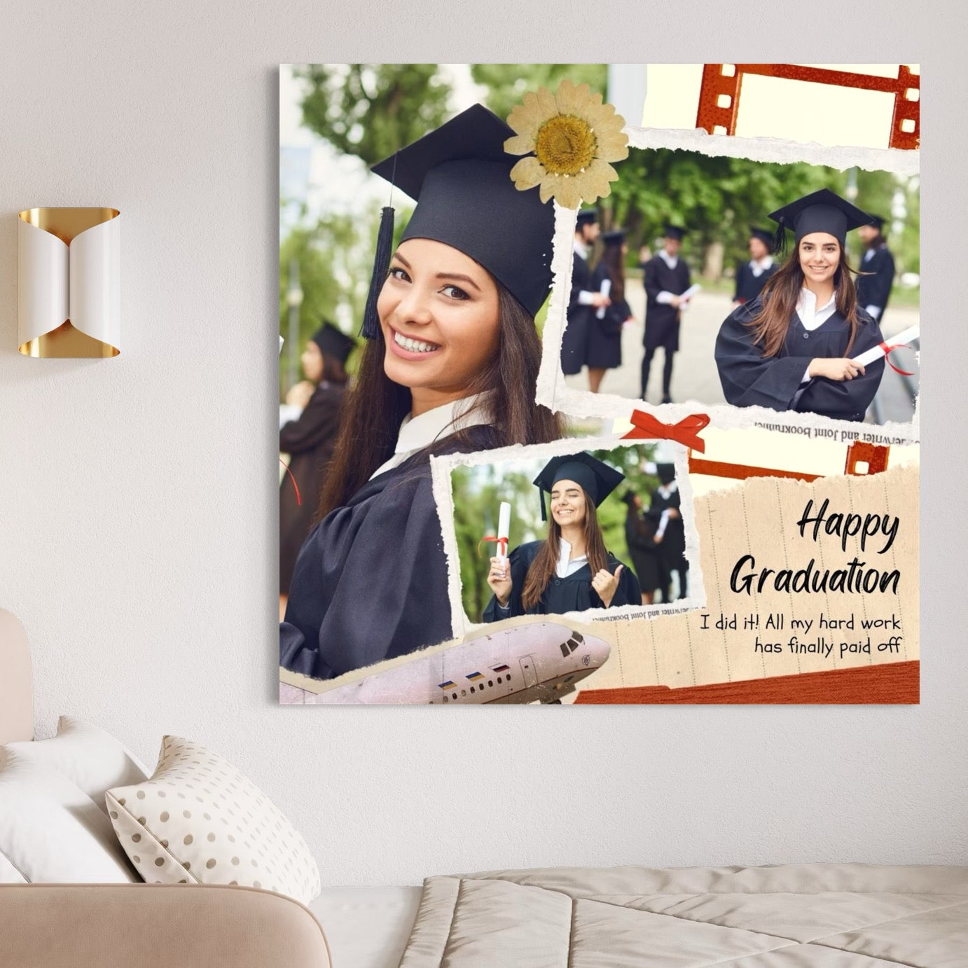 Imagine cu tablou personalizat pentru absolvire cu fotografii, tiparita pe panza canvas