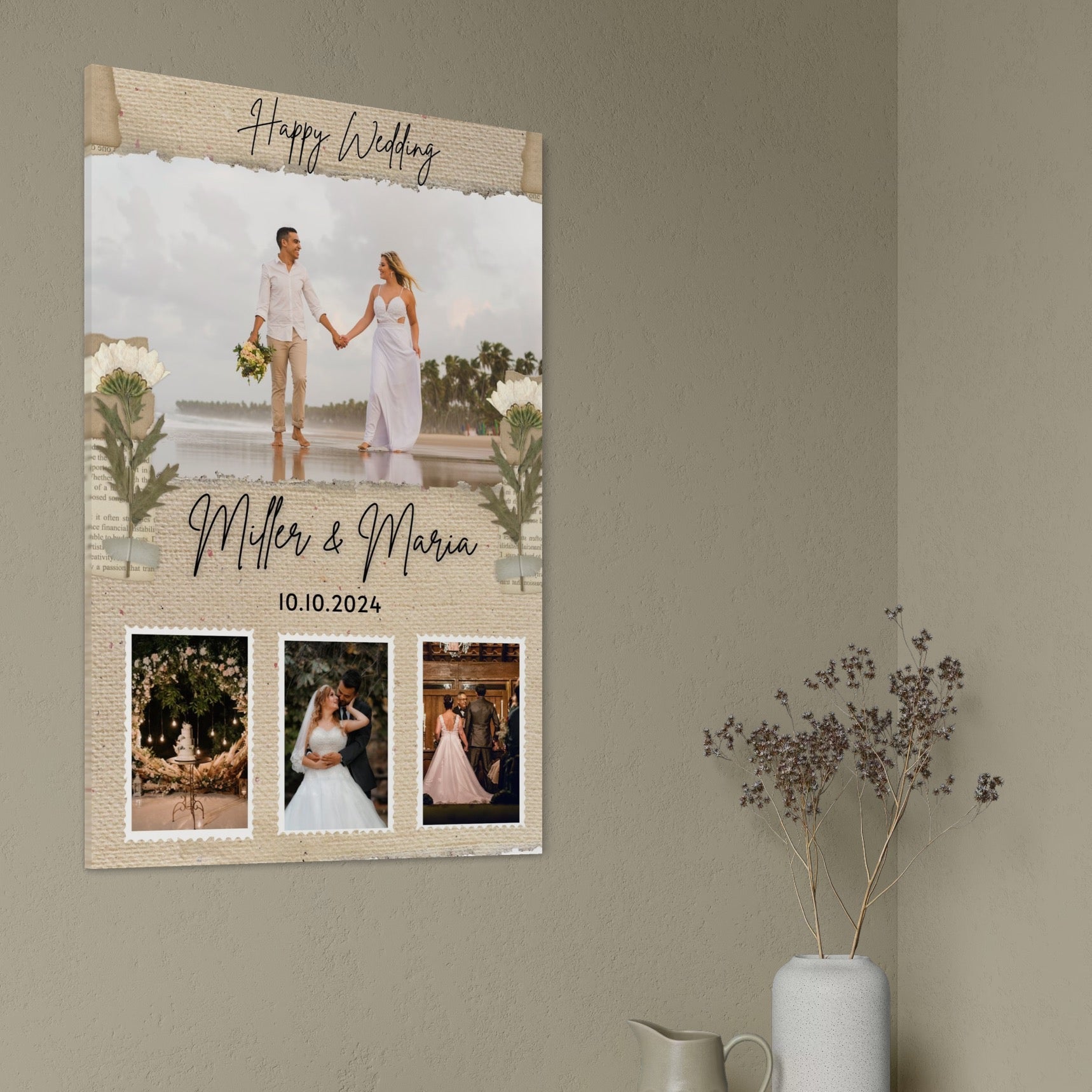 Imagine cu tablou canvas personalizat cu fotografii de nunta, tiparita pe panza canvas