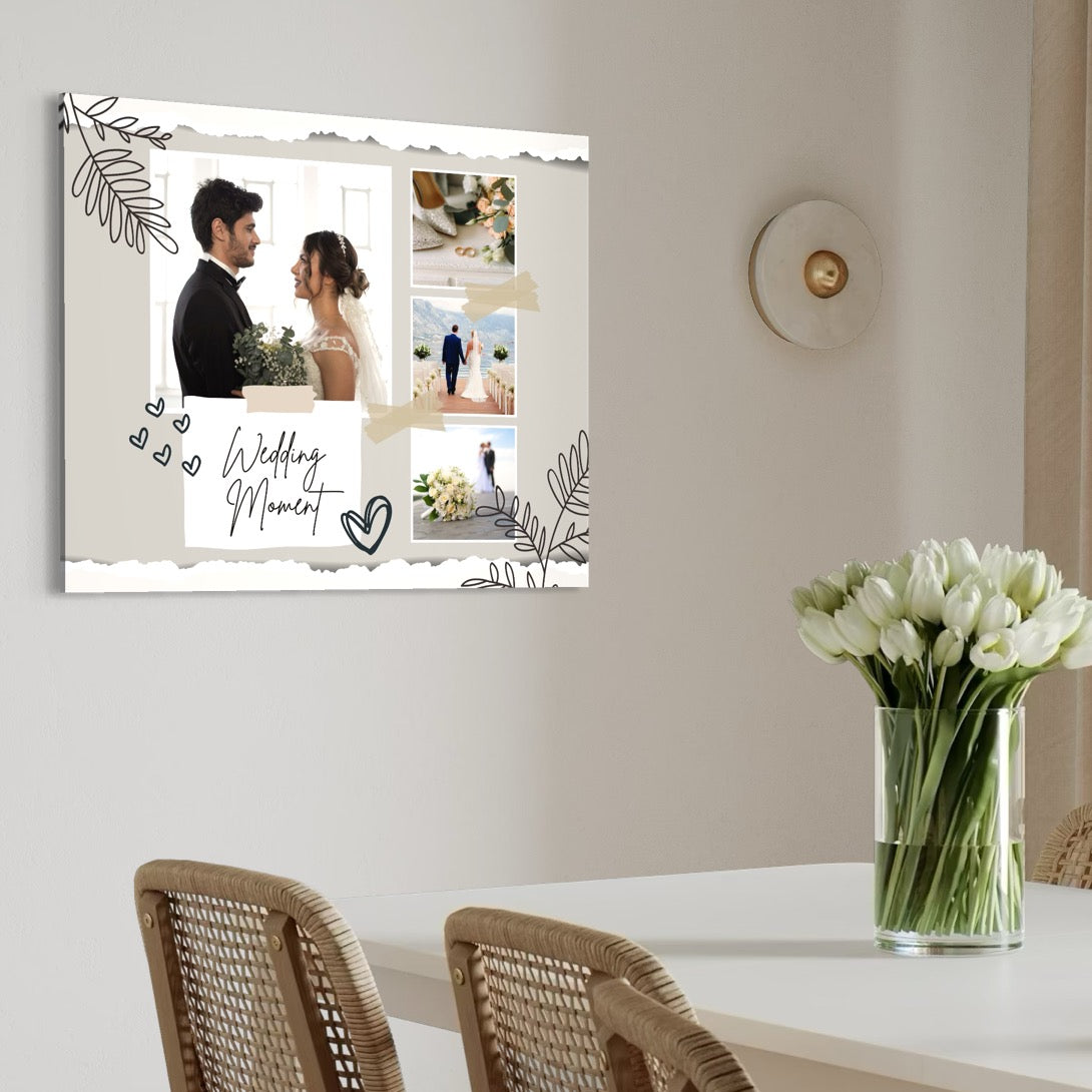 Imagine cu colaj foto nunta cu text wedding moment, tiparita pe panza canvas