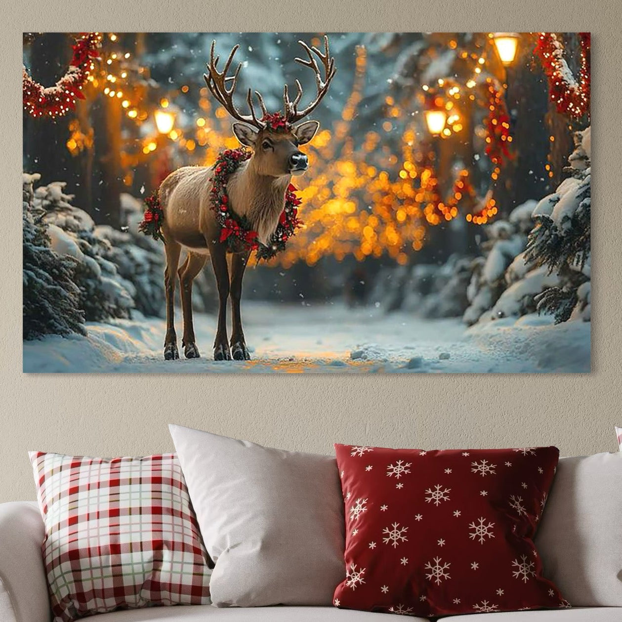 Tablou Canvas Premium, LuxCanva® D1095, Calatorul Craciunului, Iarna, Craciun, Ren, Lumini, Padure, Natura, Sarbatori, Liniste, Ninsoare, Basm, Poveste, Bucurie, Magie, Festiv, Living, Dormitor