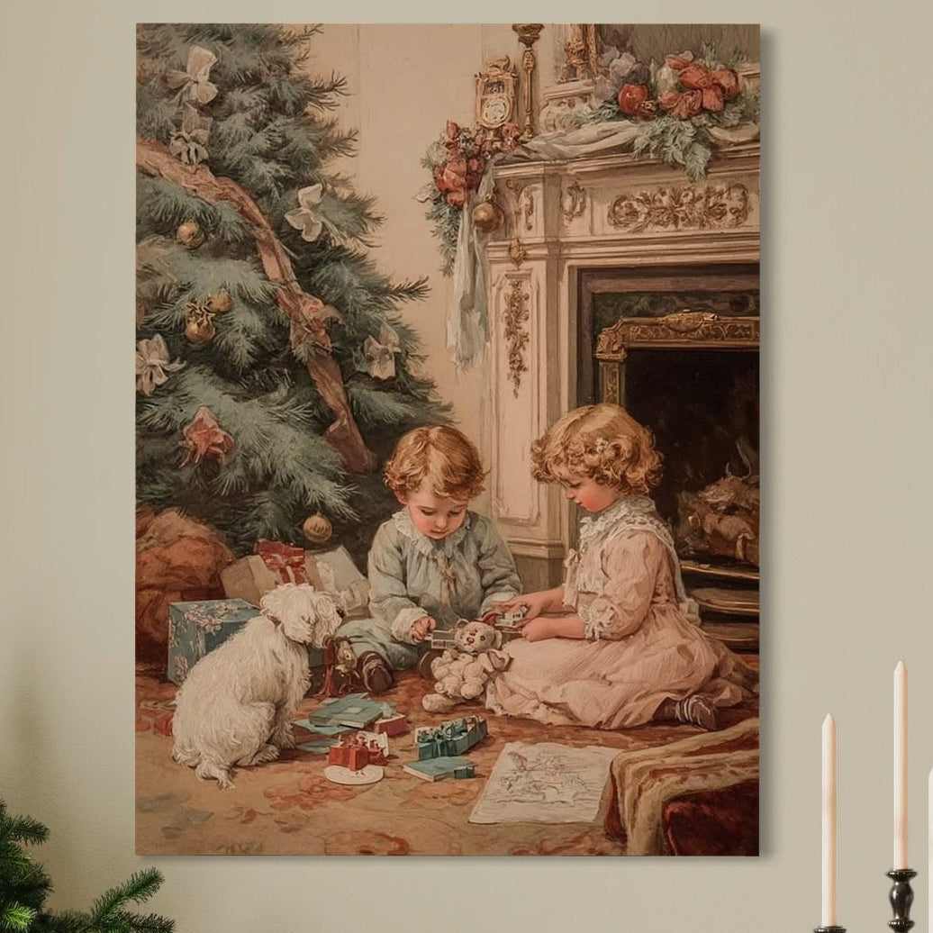 Tablou Canvas Premium, LuxCanva® D1096, Darurile copilariei,  Brad, Impodobit, Copii, Cadouri, Ajun, Inocenta, Copilarie, Fericire, Craciun, Mos, Jucarii, Iubire, Sarbatoare, Magie, Living, Dormitor