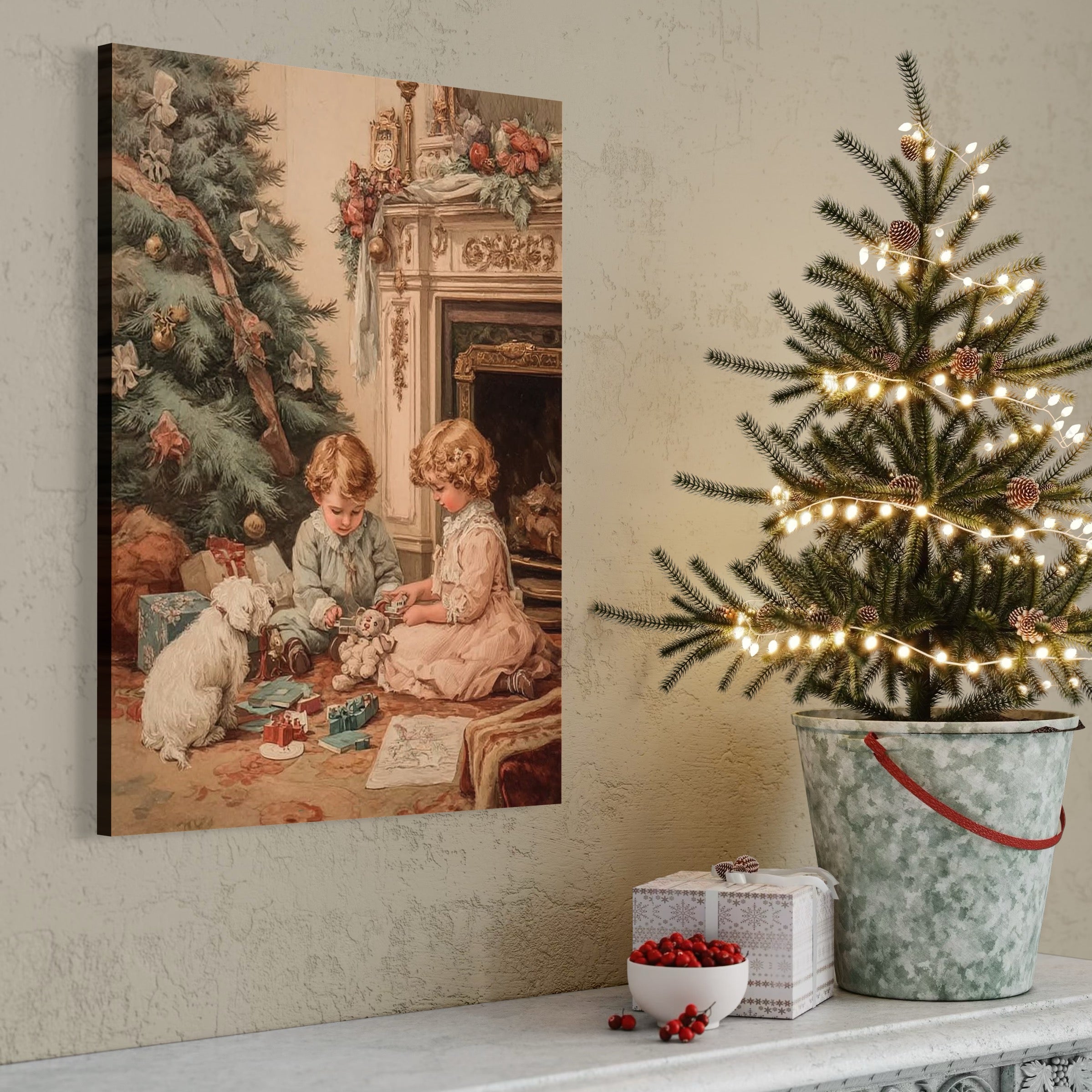 Tablou Canvas Premium, LuxCanva® D1096, Darurile copilariei,  Brad, Impodobit, Copii, Cadouri, Ajun, Inocenta, Copilarie, Fericire, Craciun, Mos, Jucarii, Iubire, Sarbatoare, Magie, Living, Dormitor