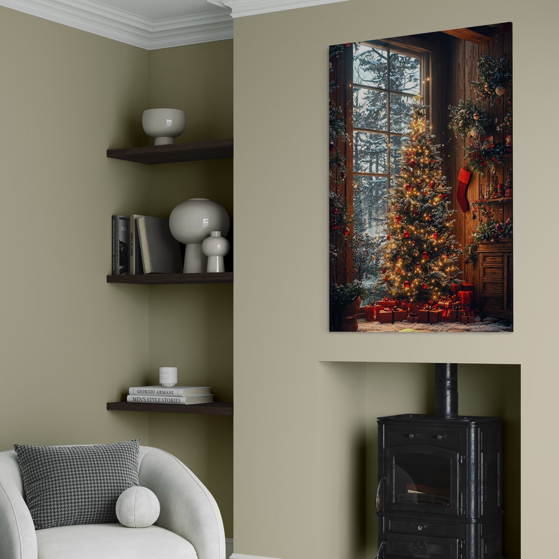 Tablou Canvas Premium, LuxCanva® D1098, Sub Bradul cu Poveste, Magie, Craciun, Acasa, Brad, Luminite, Podoabe, Rosu, Caldura, Familie, Traditie, Pace, Cadouri, Fericire, Globuri, Living, Dormitor