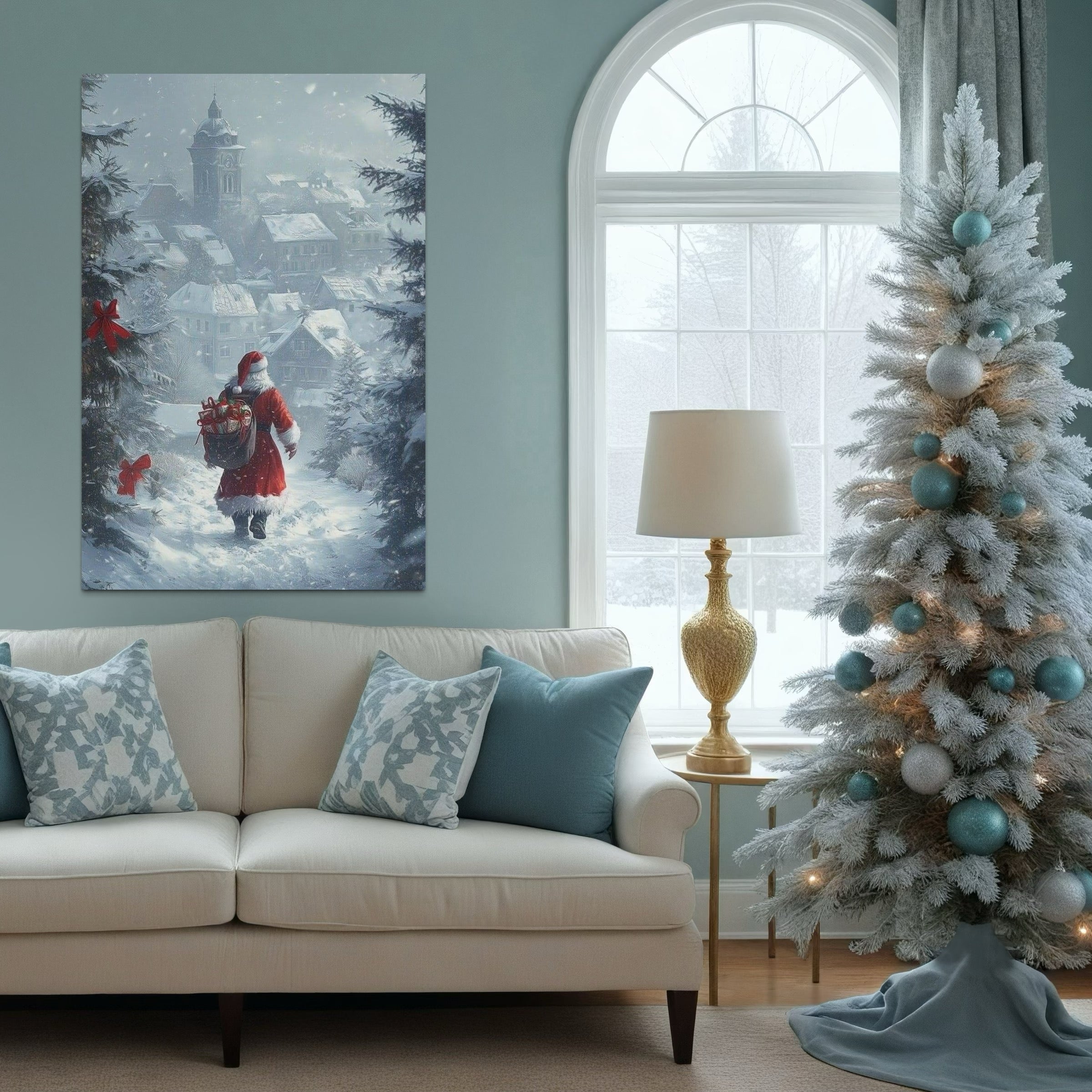 Tablou Canvas Premium, LuxCanva® D1099, Calatoria din Ajun, Mos Craciun, Sac, Daruri, Jucarii, Costum, Rosu, Barba, Alba, Carari, Case, Zare, Sat, Ninsoare, Bucurie, Magie, Copii, Living, Dormitor