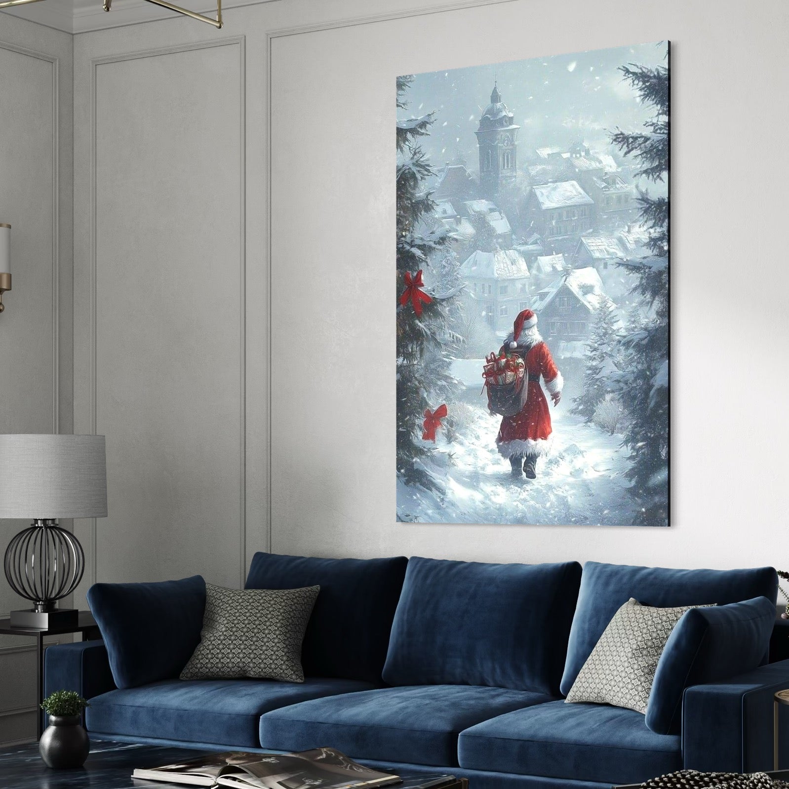 Tablou Canvas Premium, LuxCanva® D1099, Calatoria din Ajun, Mos Craciun, Sac, Daruri, Jucarii, Costum, Rosu, Barba, Alba, Carari, Case, Zare, Sat, Ninsoare, Bucurie, Magie, Copii, Living, Dormitor