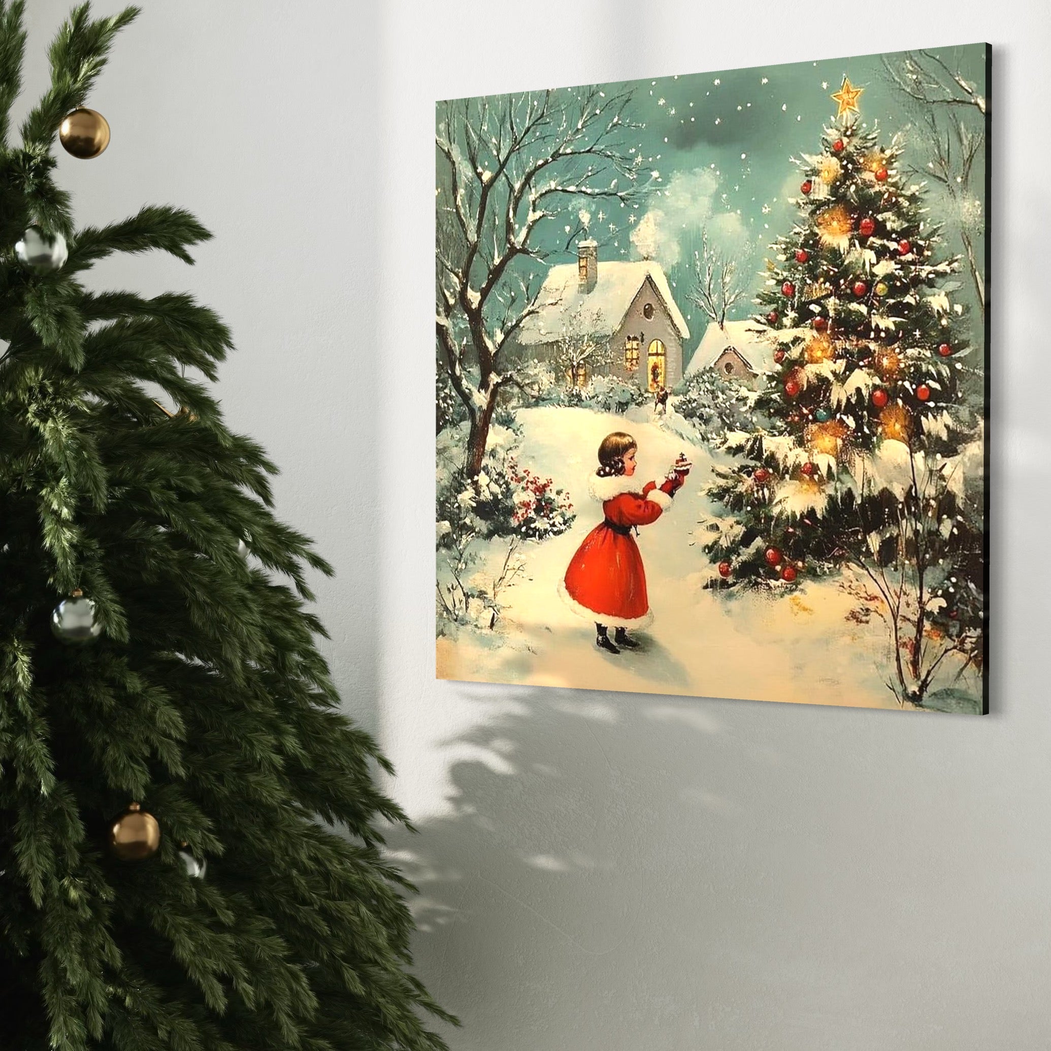 Tablou Canvas Premium, LuxCanva® D1100, Sub Steaua Craciunului, Speranta, Stele, Familie, Fetita, Impodobire, Ajun, Craciun, Miracol, Asteptare, Vis, Copilarie, Amintiri, Living, Dormitor