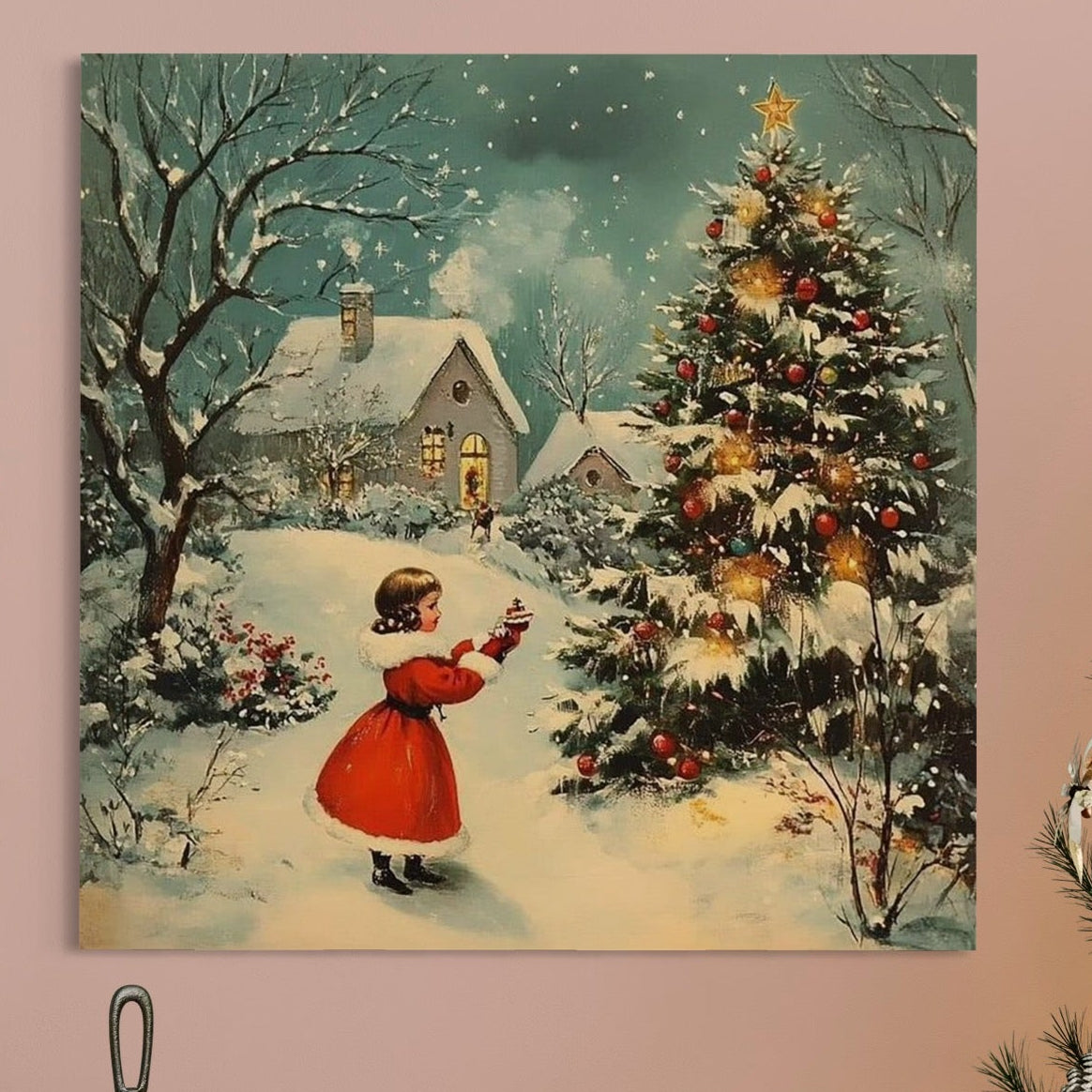 Tablou Canvas Premium, LuxCanva® D1100, Sub Steaua Craciunului, Speranta, Stele, Familie, Fetita, Impodobire, Ajun, Craciun, Miracol, Asteptare, Vis, Copilarie, Amintiri, Living, Dormitor