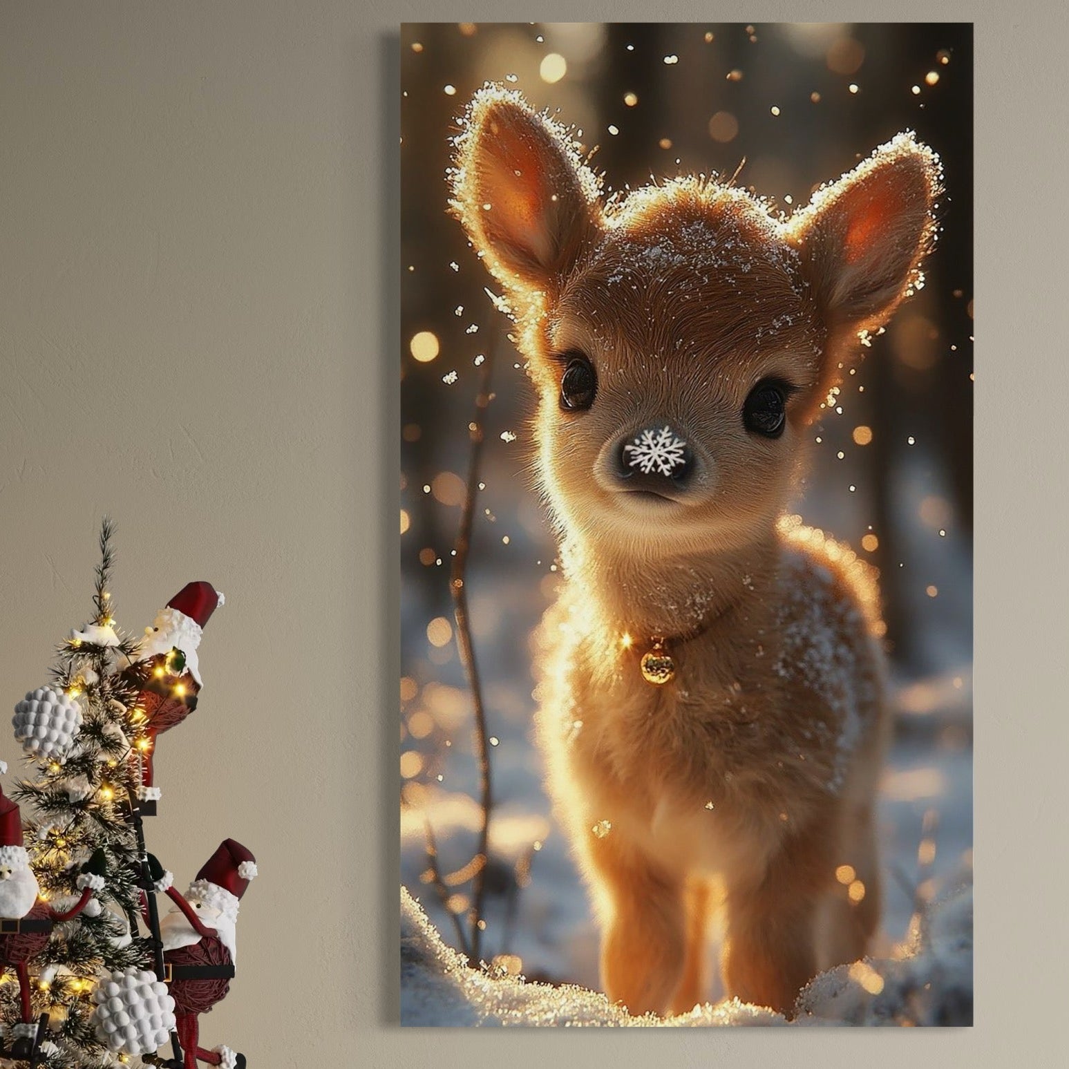 Tablou Canvas Premium, LuxCanva® D1102, Magia Inocentei unui Pui, Animal, Caprioara, Padure, Ninsoare, Privire, Blandete, Puritate, Lumina, Miracol, Plimbare, Zapada, Ajun, Living, Dormitor