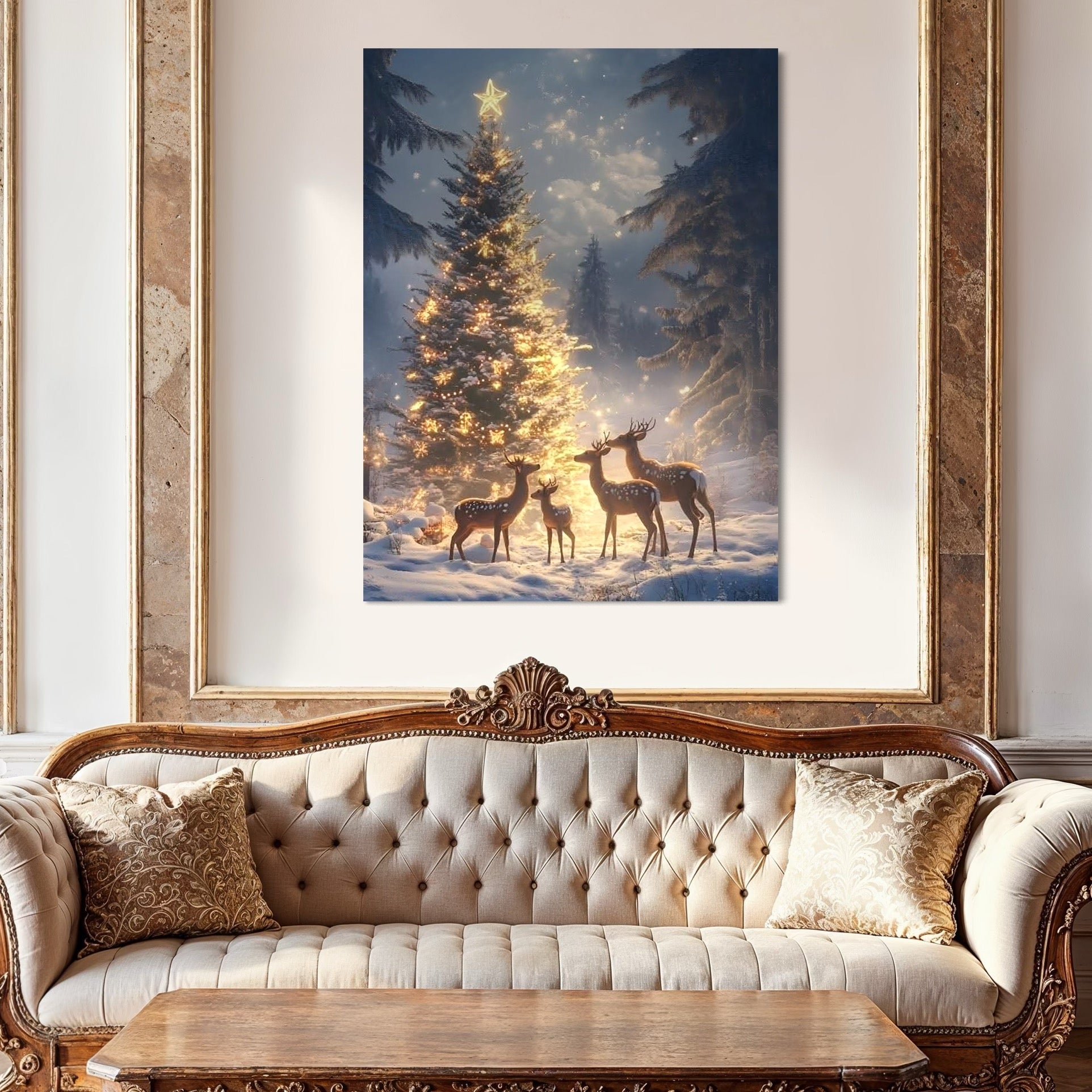 Tablou Canvas Premium, LuxCanva® D1103, Ingerii Padurii, Iarna, Noapte, Senina, Grup, Cerbi, Brad, Impodobit, Padure, Magic, Feerie, Cer, Instelat, Craciun, Farmec, Pace, Living, Dormitor