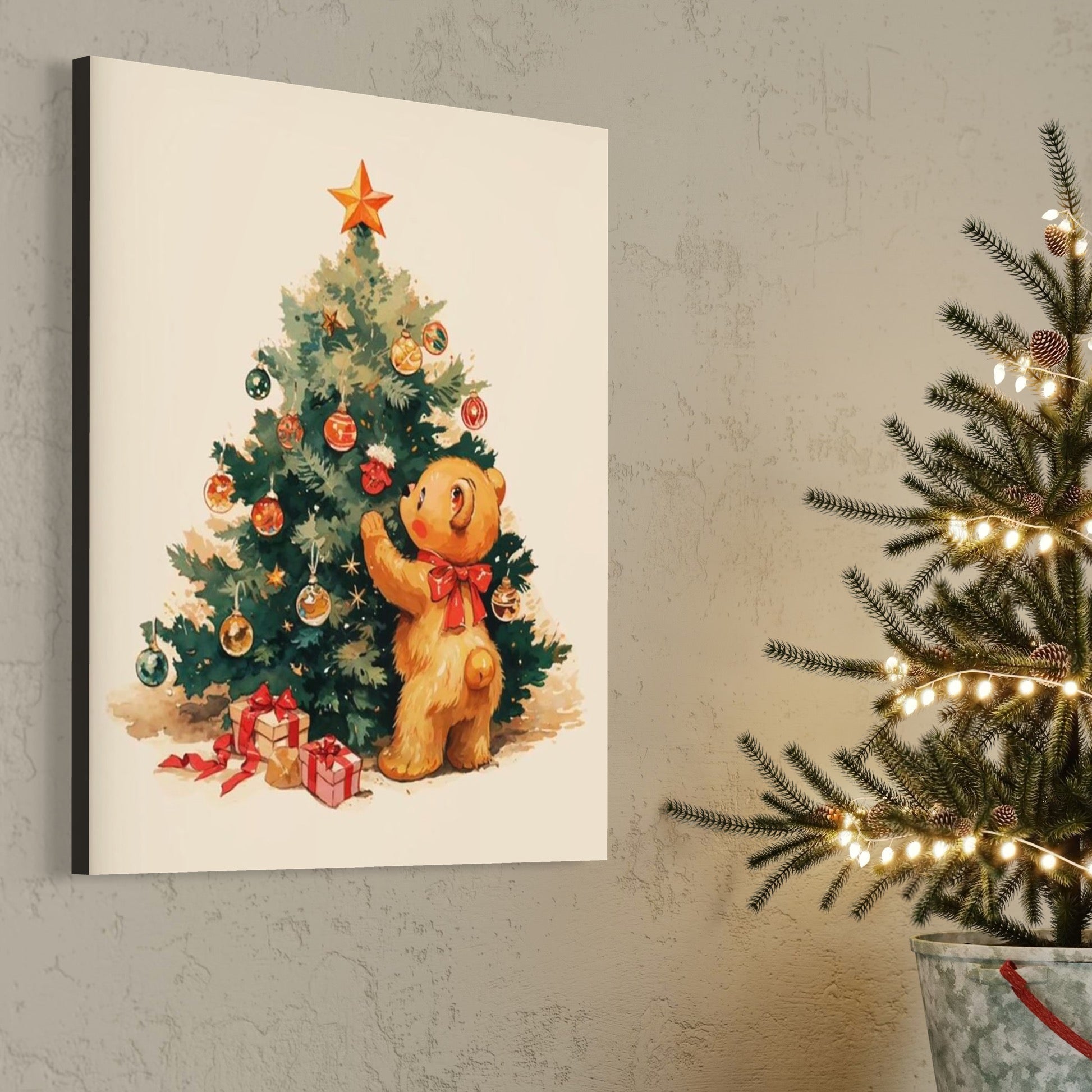 Tablou Canvas Premium, LuxCanva® D1104, Craciunul Ursuletului, Magie, Brad, Poveste, Noapte, Inocenta, Caldura, Poveste, Jucaus, Cadouri, Animalut, Fericire, Ajun, Craciun, Living, Dormitor