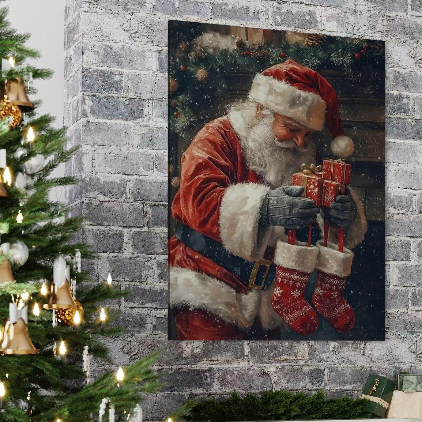 Tablou Canvas Premium, LuxCanva® D1107, Daruri din Inima, Mos, Craciun, Barba, Alba, Daruri, Brad, Noapte, Ajun, Copilarie, Visare, Dorinta, Generozitate, Iubire, Emotie, Living, Dormitor