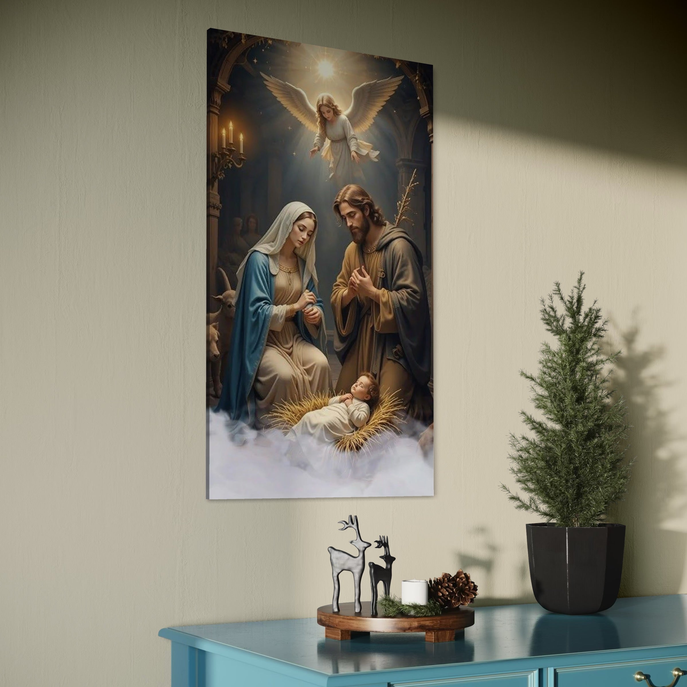 Tablou Canvas Premium, LuxCanva® D1112, Sfanta Familie, Liniste, Nastere, Betleem, Miracol, Craciun, Mantuitor, Isus, Inger, Fecioara, Maria, Iosif, Leagan, Prunc, Credinta, Har, Living, Dormitor