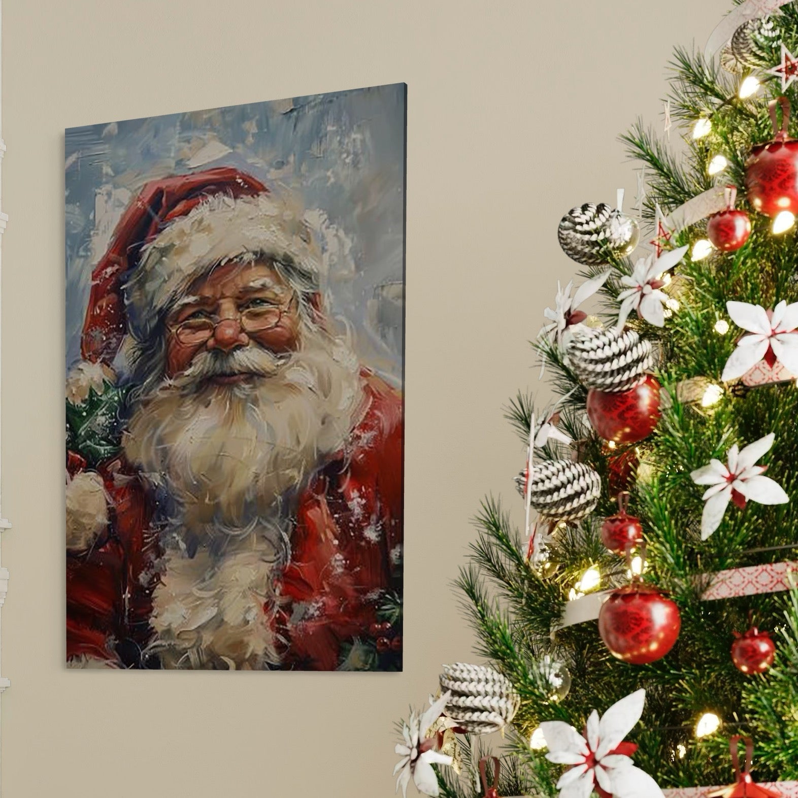 Tablou Canvas Premium, LuxCanva® D1113, Mosul Cel Bun, Zambet, Cadouri, Magie, Ajun, Noapte, Craciun, Brad, Traditie, Sarbatori, Desaga, Costum, Rosu, Barba, Alb, Emotie, Living, Dormitor