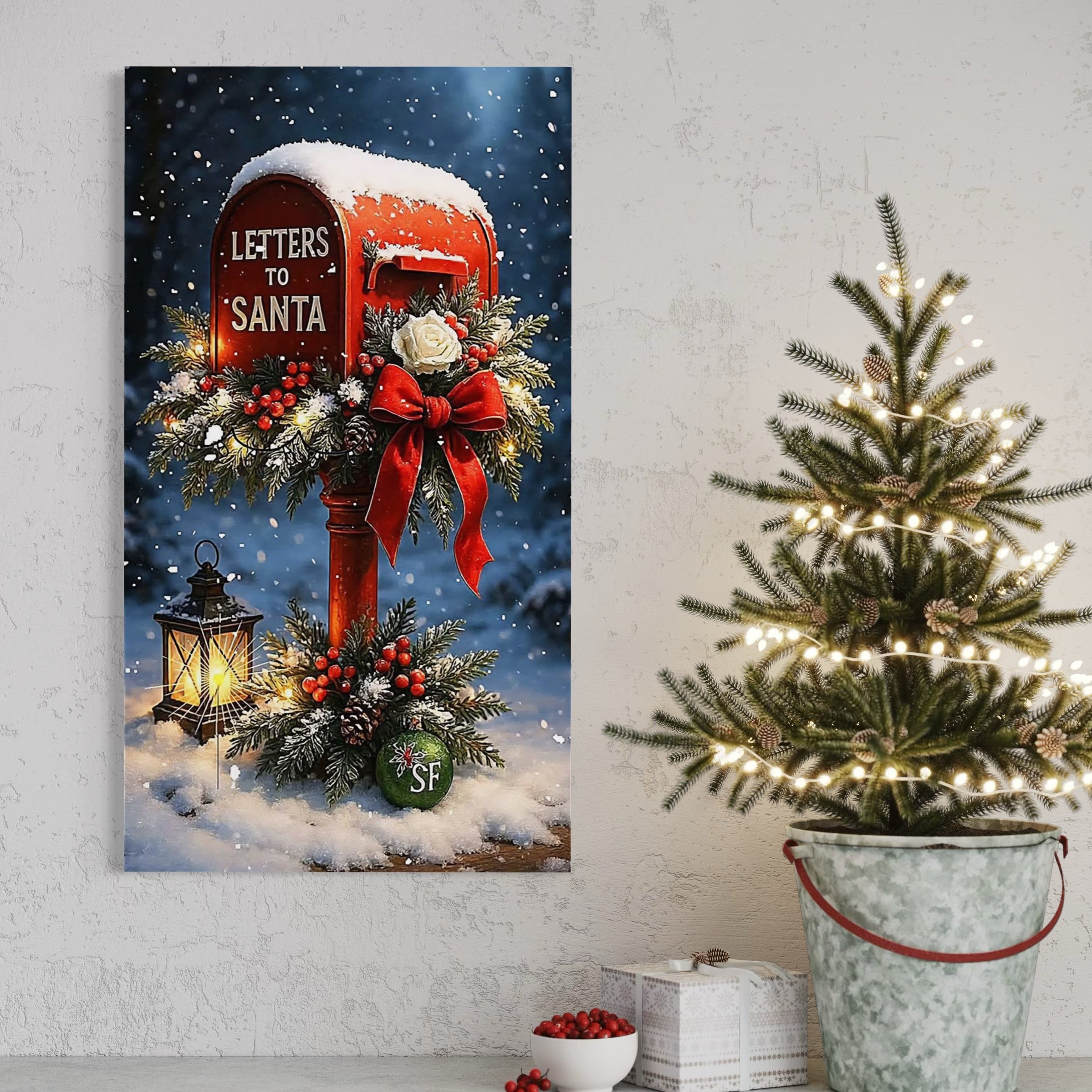 Tablou Canvas Premium, LuxCanva® D1114, Scrisorile Copilariei, Cutie, Postala, Decorat, Rosu, Scrisori, Mos Craciun, Copii, Dorinte, Lista, Cadouri, Noapte, Ramuri, Brad, Ajun, Living, Dormitor