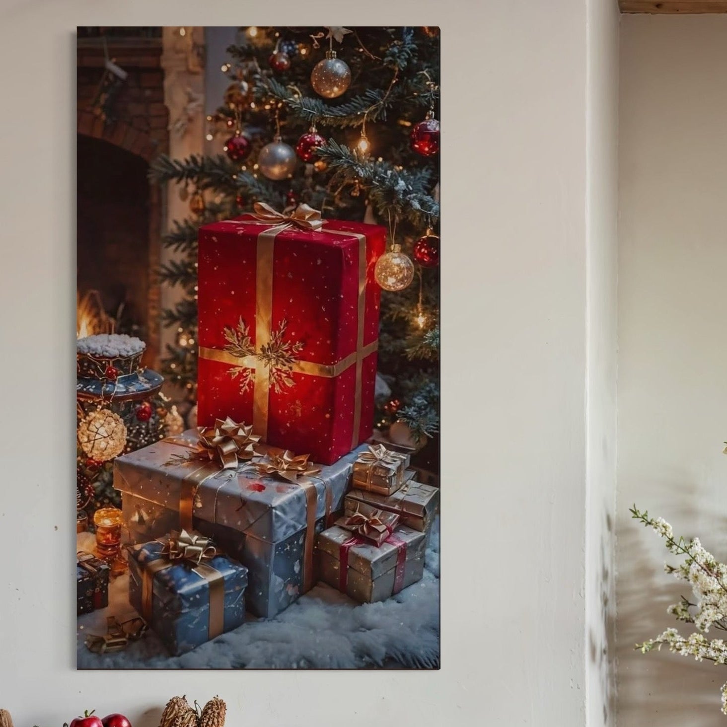 Tablou Canvas Premium, LuxCanva® D1115, Sub Bradul Impodobit, Cutii, Funde, Jucarii, Noapte, Ajun, Asteptare, Sclipiri, Panglici, Auriu, Semineu, Foc, Ambalaje, Colorat, Emotie, Living, Dormitor