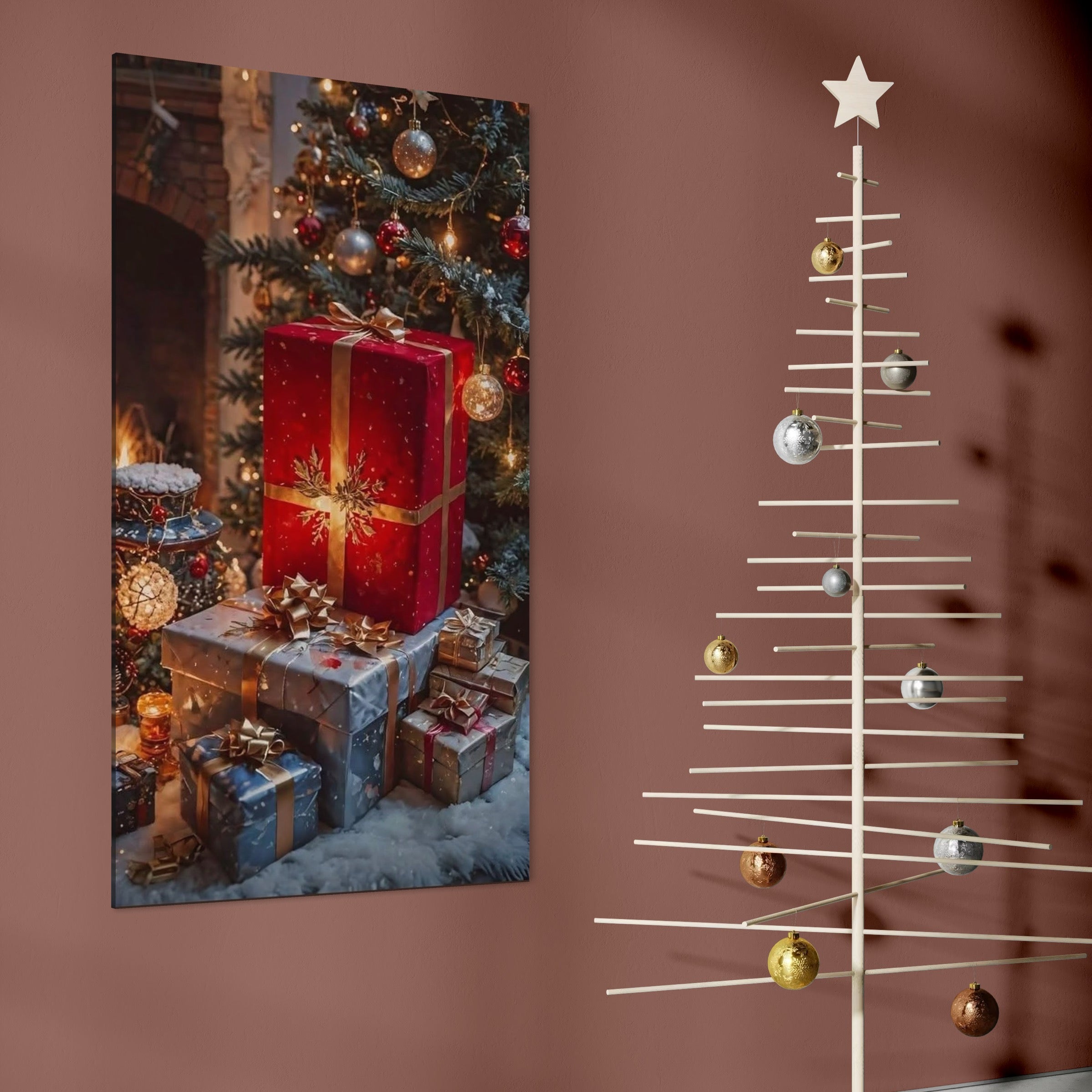 Tablou Canvas Premium, LuxCanva® D1115, Sub Bradul Impodobit, Cutii, Funde, Jucarii, Noapte, Ajun, Asteptare, Sclipiri, Panglici, Auriu, Semineu, Foc, Ambalaje, Colorat, Emotie, Living, Dormitor
