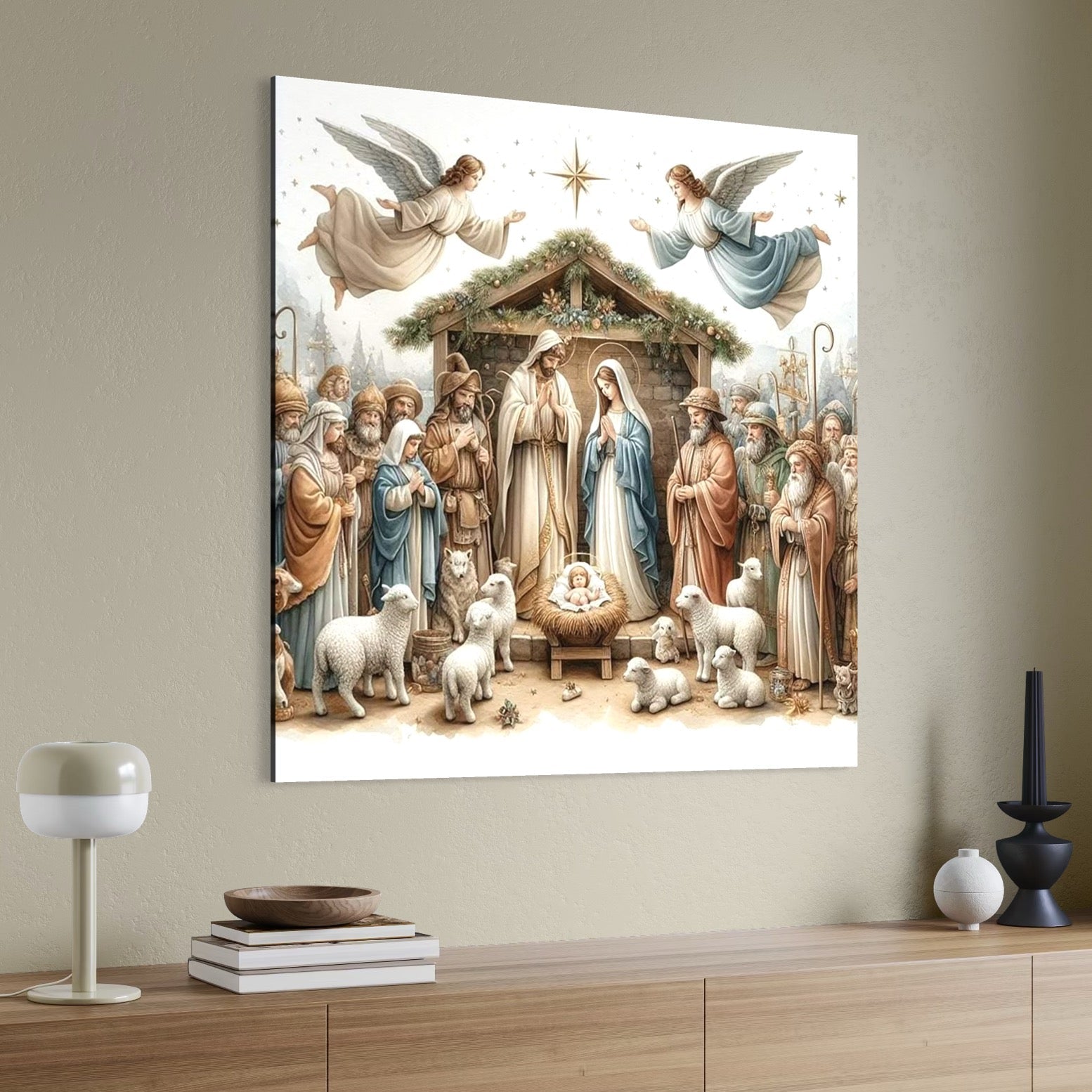 Tablou Canvas Premium, LuxCanva® D1116, Pacea Ieslei Sfinte, Scena, Biblica, Isus, Ingeri, Pastori, Iesle, Oi, Stea, Lumina, Mantuire, Glorie, Spiritualitate, Craciun, Credinta, Living, Dormitor