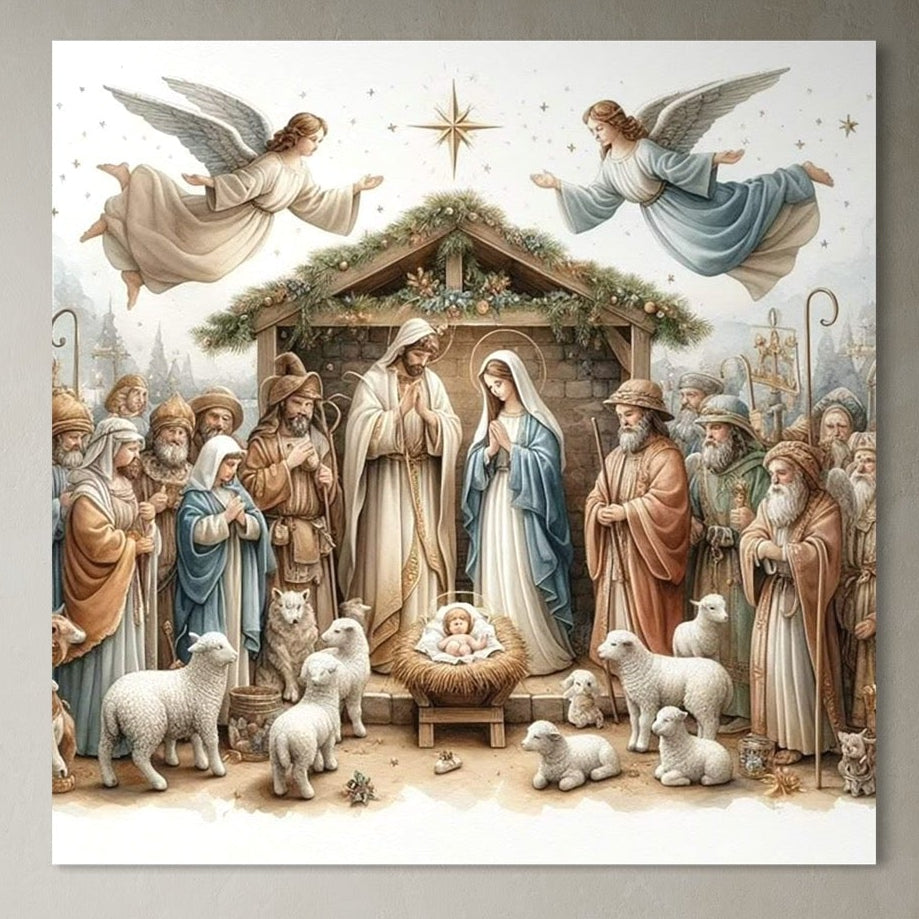 Tablou Canvas Premium, LuxCanva® D1116, Pacea Ieslei Sfinte, Scena, Biblica, Isus, Ingeri, Pastori, Iesle, Oi, Stea, Lumina, Mantuire, Glorie, Spiritualitate, Craciun, Credinta, Living, Dormitor