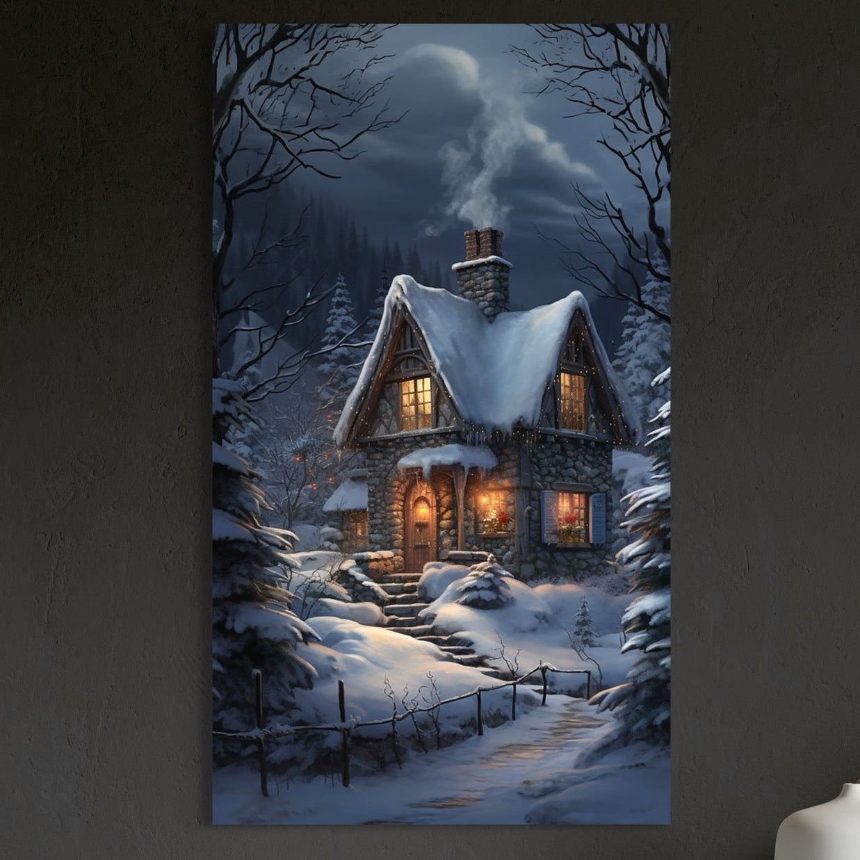 Tablou Canvas Premium, LuxCanva® D1117, Casa de Sub Zapada, Lumina, Noapte, Iarna, Cabana, Munte, Zapada, Horn, Fum, Ger, Brazi, Atmosfera, Basm, Caldura, Living, Dormitor