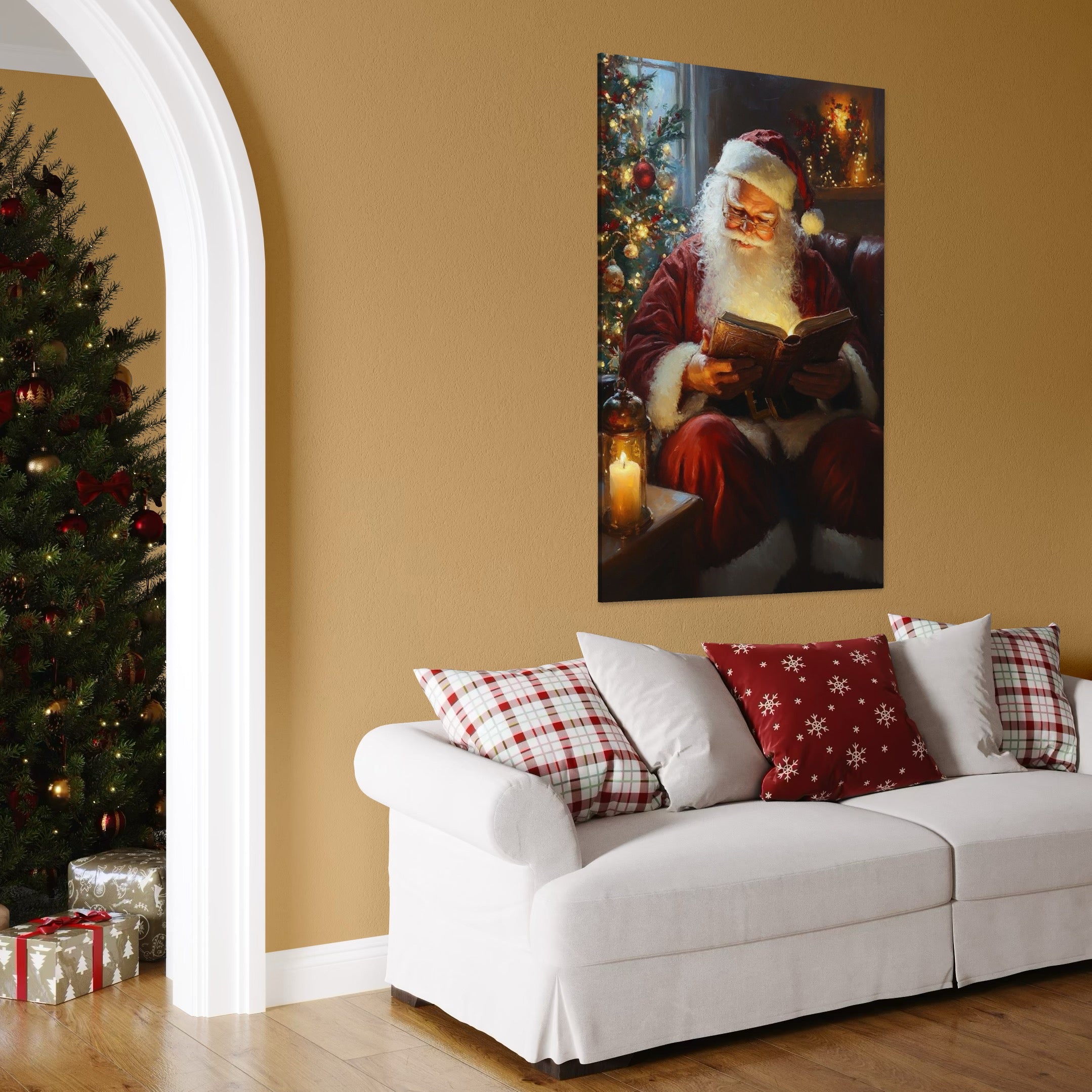 Tablou Canvas Premium, LuxCanva® D1118, Mosul si Cartea Fermecata, Carte, Povesti, Basme, Lumanare, Brad, Fotoliu, Citit, Ochelari, Mos Craciun, Felinar, Noapte, Ajun, Living, Dormitor