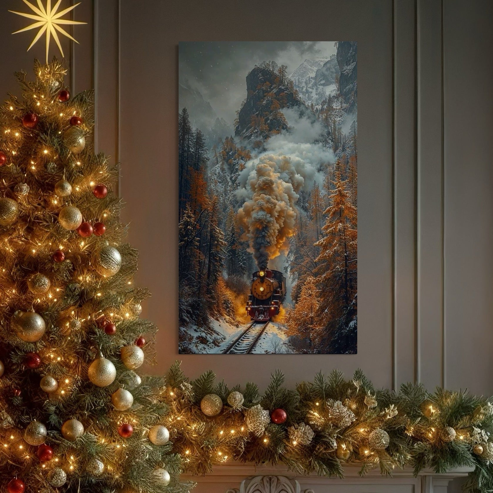 Tablou Canvas Premium, LuxCanva® D1120, Trenul Timpului, Drum, Aburi, Munti, Calatorie, Craciun, Fum, Gara, Tren, Polar, Express, Aventura, Nostalgie, Natura, Vacanta, Living, Dormitor