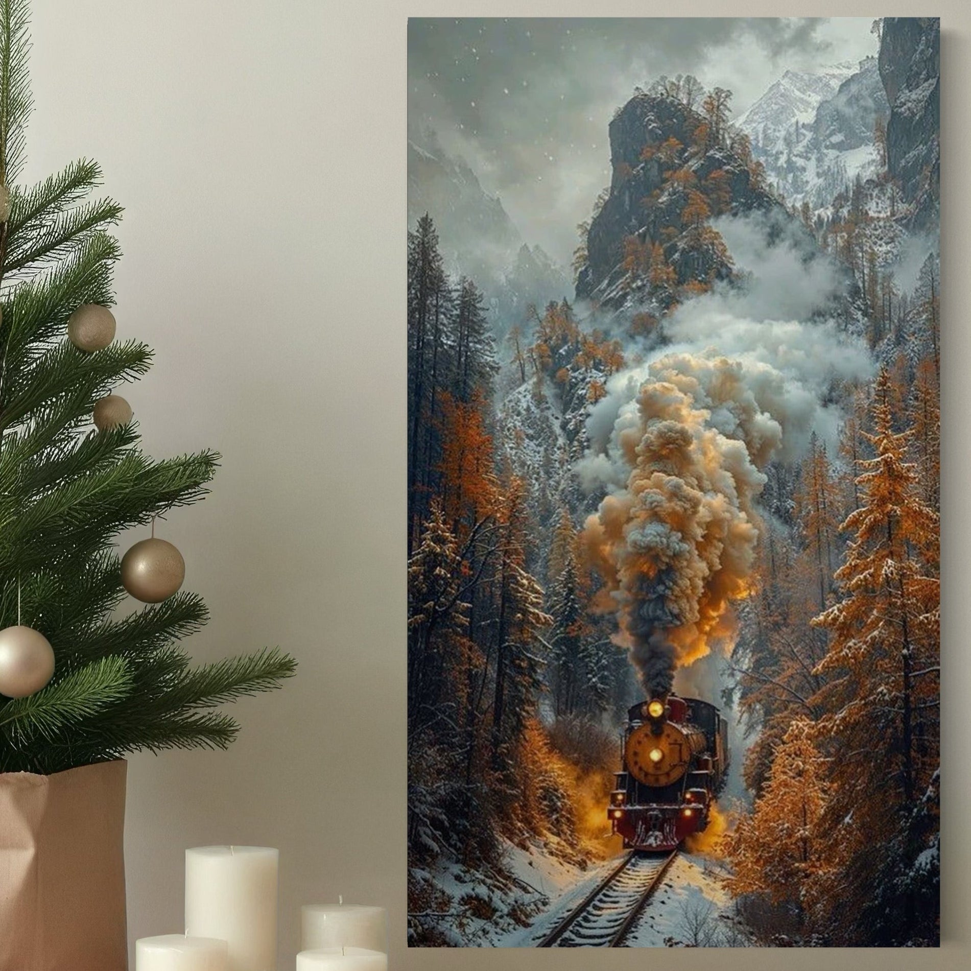 Tablou Canvas Premium, LuxCanva® D1120, Trenul Timpului, Drum, Aburi, Munti, Calatorie, Craciun, Fum, Gara, Tren, Polar, Express, Aventura, Nostalgie, Natura, Vacanta, Living, Dormitor