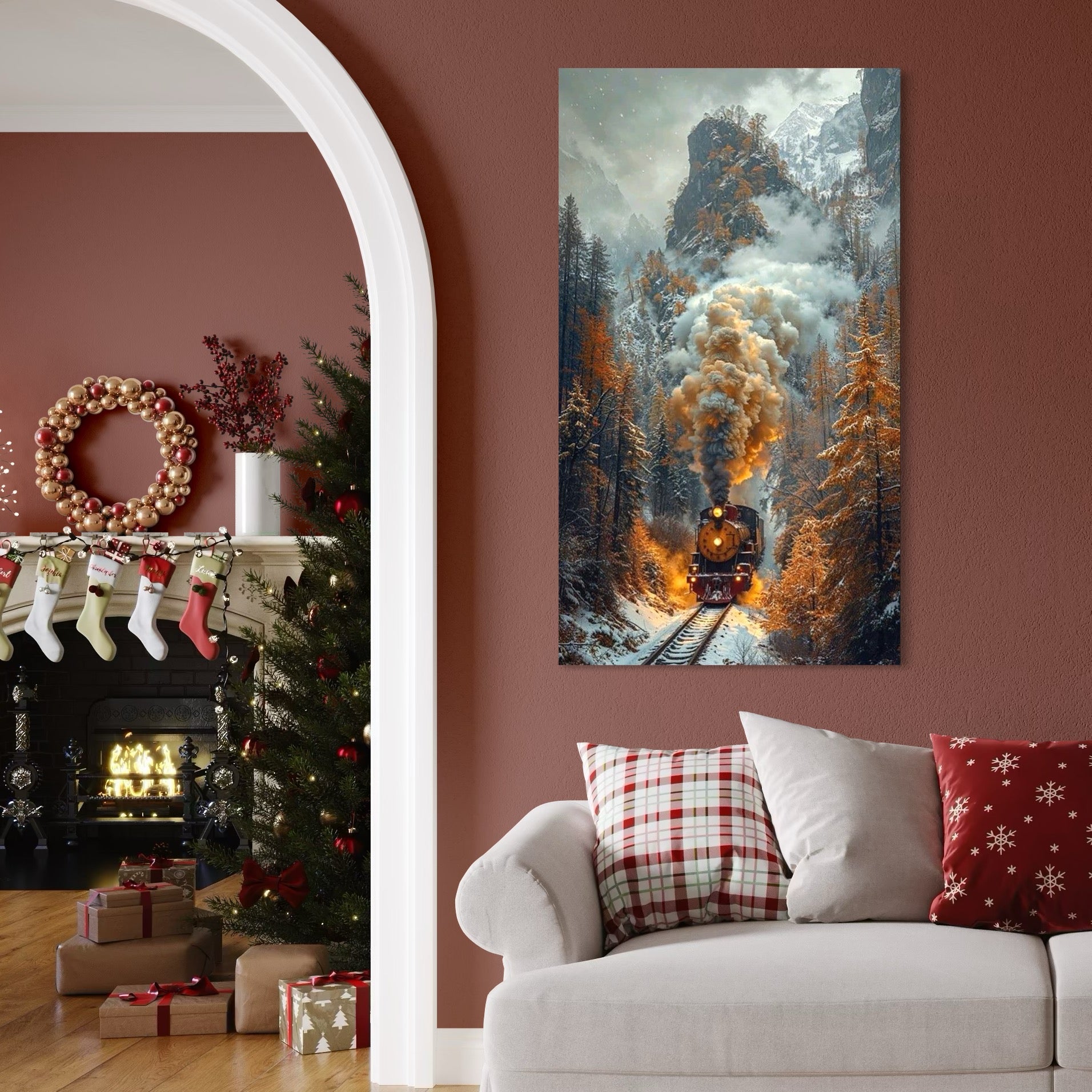 Tablou Canvas Premium, LuxCanva® D1120, Trenul Timpului, Drum, Aburi, Munti, Calatorie, Craciun, Fum, Gara, Tren, Polar, Express, Aventura, Nostalgie, Natura, Vacanta, Living, Dormitor