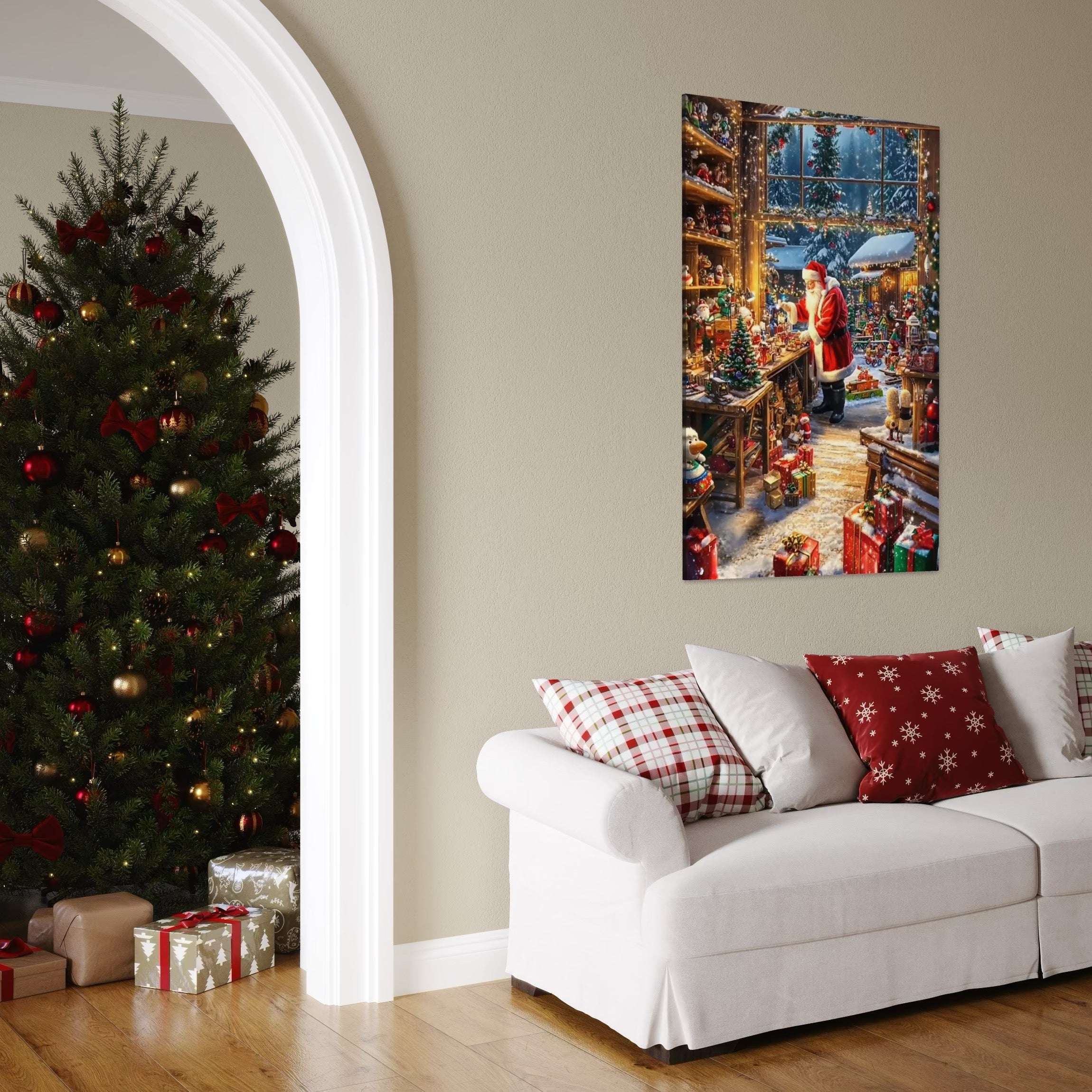 Tablou Canvas Premium, LuxCanva® D1122, Miracolul din Laponia, Iarna, Craciun, Atelier, Jucarii, Copii, Spiridusi, Impachetat, Cadouri, Daruire, Speranta, Mos Craciun, Living, Dormitor