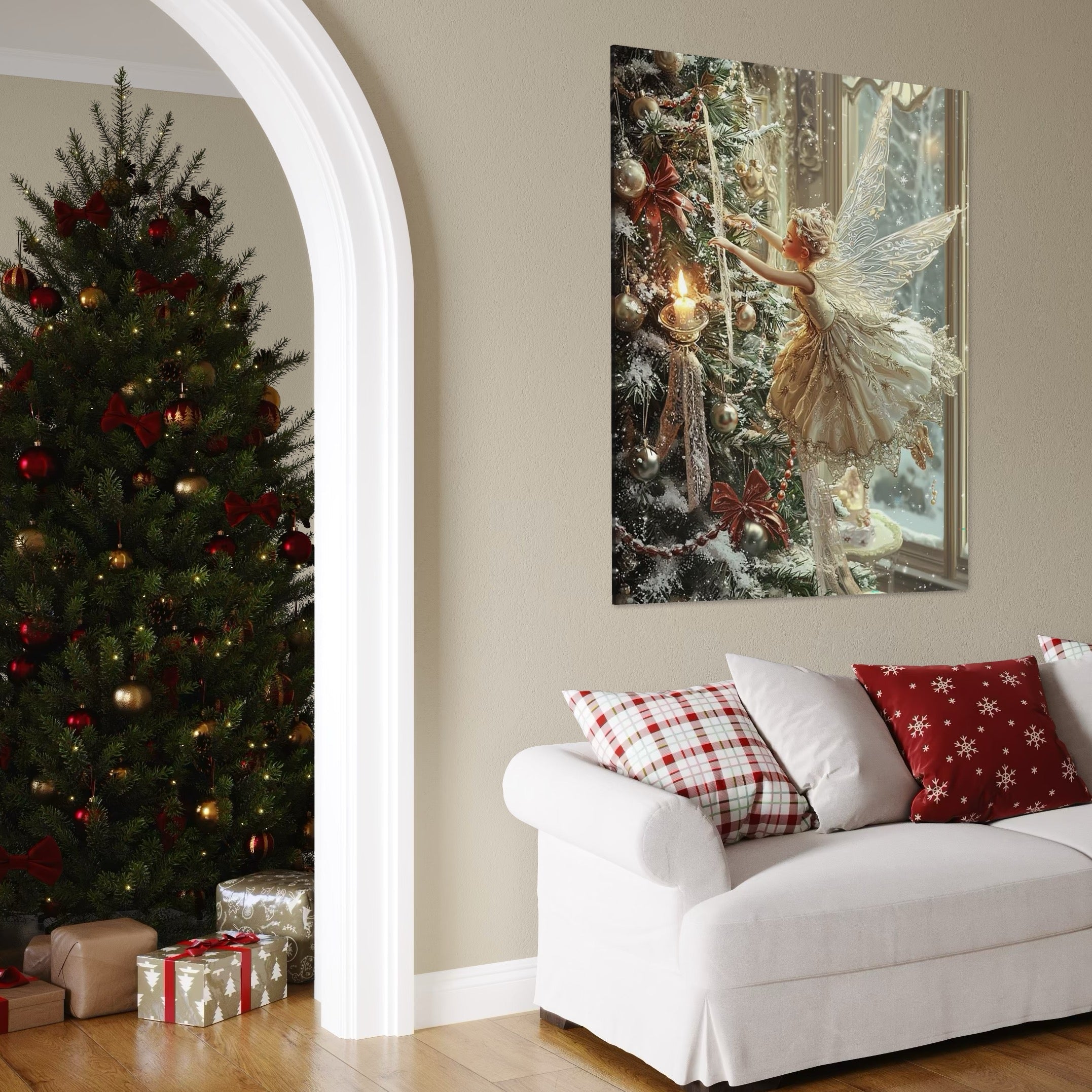 Tablou Canvas Premium, LuxCanva® D1124, Zana Craciunului, Aripi, Fereastra, Brad, Pulbere, Stele, Magie, Dans, Basm, Stralucire, Inger, Feerie, Miracol, Craciun, Living, Dormitor