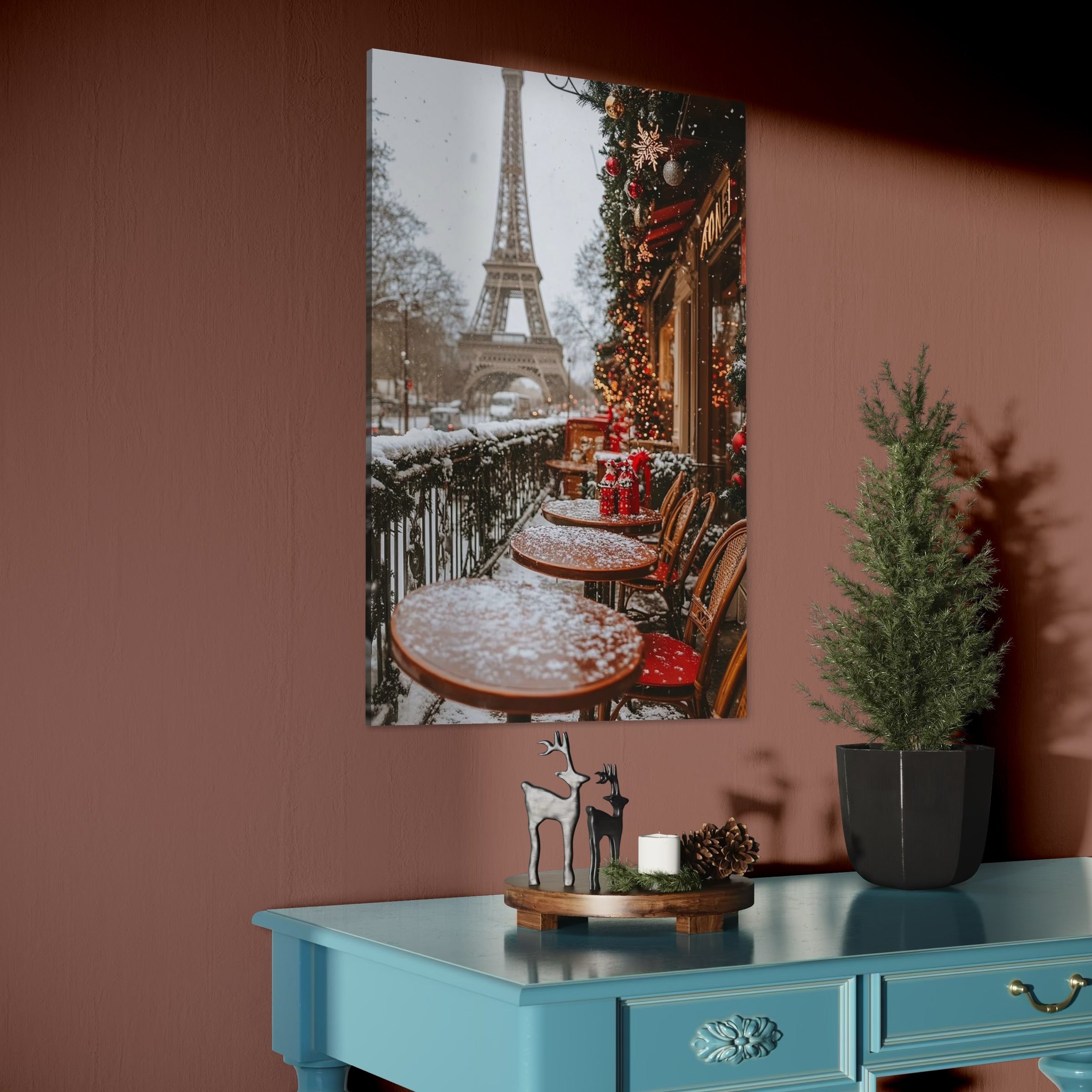 Tablou Canvas Premium, LuxCanva® D1125, Iarna pe Malurile Senei, Zapada, Paris, Romantic, Iarna, Vacanta, Cafenea, Chic, Turn, Eiffel, Ninsoare, Magie, Feerie, Vis, Living, Dormitor