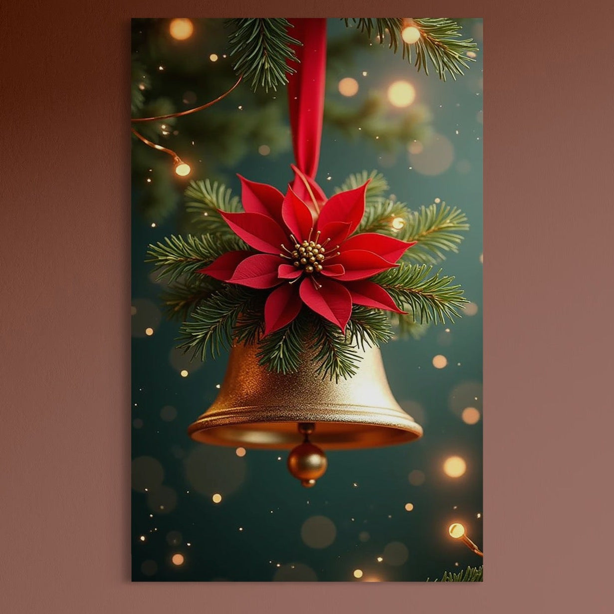 Tablou Canvas Premium, LuxCanva® D1126, Sunetul Sarbatorilor, Clopotel, Aur, Simfonie, Sarbatoare, Decoratiune, Poinsettia, Rosu, Ramuri, Brad, Simbol, Armonie, Living, Dormitor