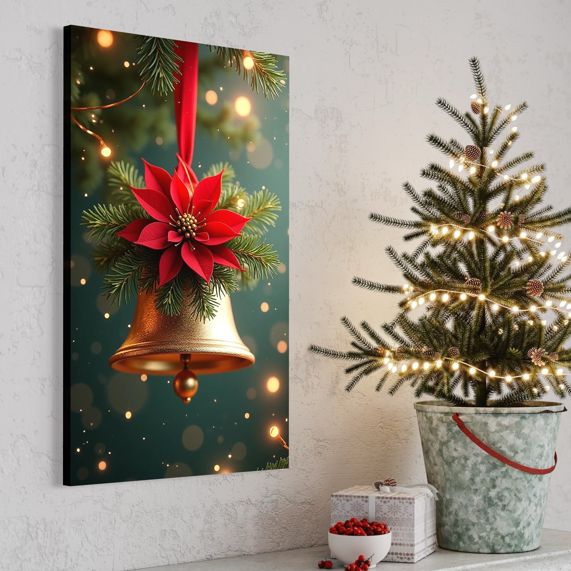 Tablou Canvas Premium, LuxCanva® D1126, Sunetul Sarbatorilor, Clopotel, Aur, Simfonie, Sarbatoare, Decoratiune, Poinsettia, Rosu, Ramuri, Brad, Simbol, Armonie, Living, Dormitor