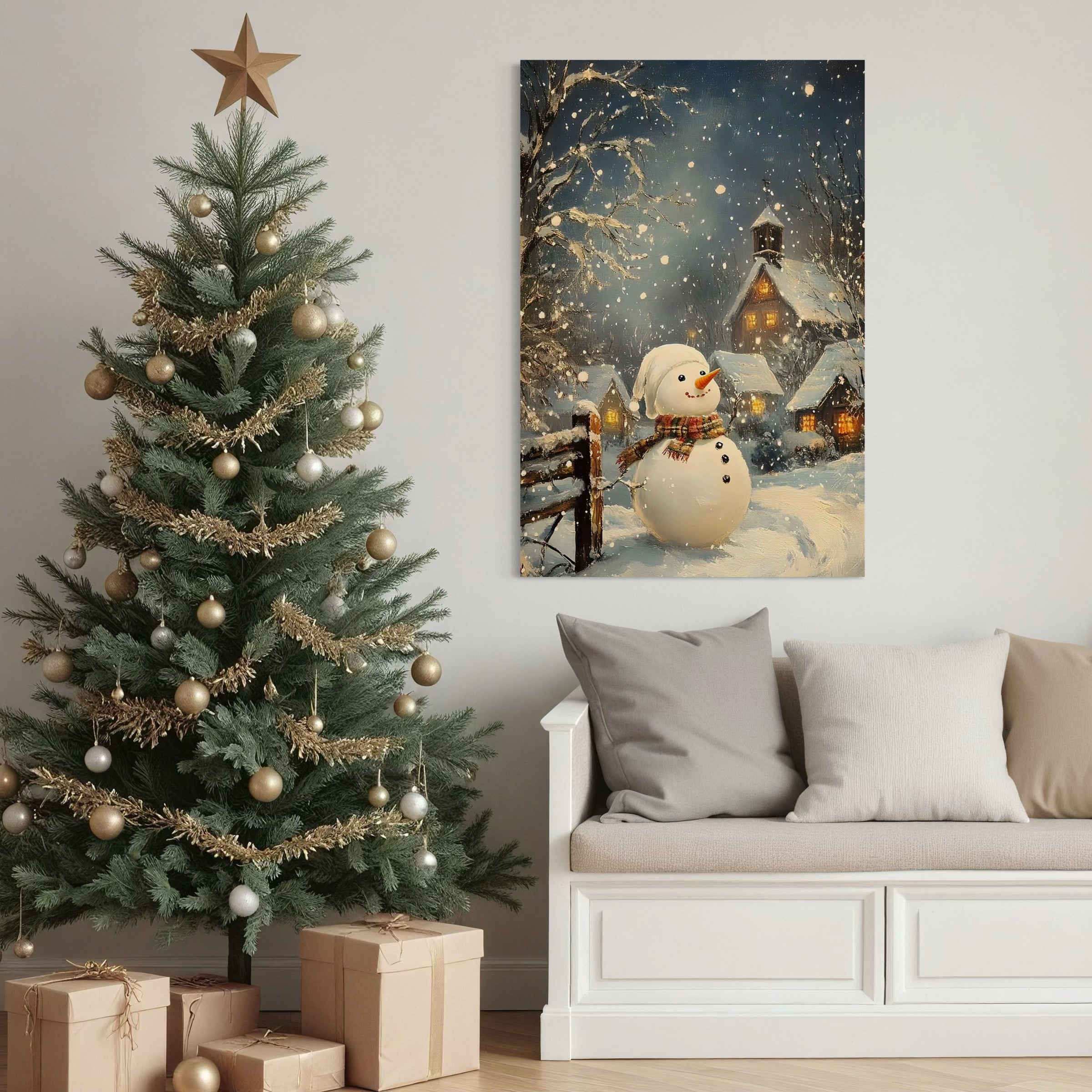 Tablou Canvas Premium, LuxCanva® D1128, Oaspetele Alb al Serii, Om, Zapada, Vesel, Magie, Sat, Inzapezit, Casa, Luminata, Frig, Hibernal, Copilarie, Fulgi, Nea, Omat, Living, Dormitor